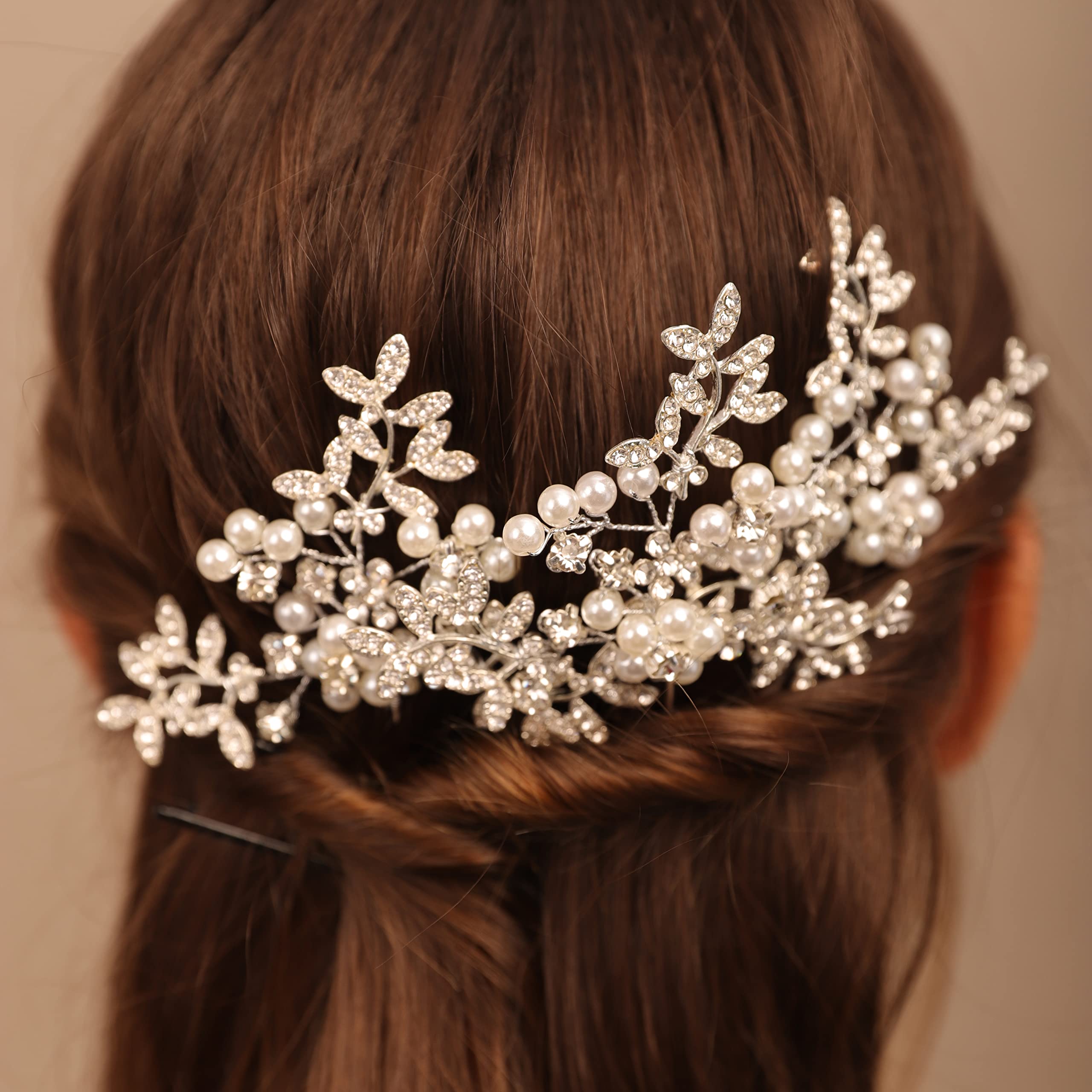 Hair com leaf tiara prom wedding leaf pearl silver October Silver Leaves and Pearls Long Wedding Hair Vine main image 4