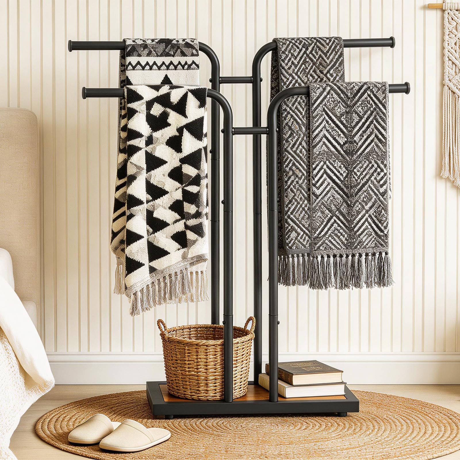 HOOBRO Porte-Serviettes sur Pied en T, Support de Serviettes Vertical avec 2 Barres de Suspension, pour Salle de Bain, Buanderie, Chambre, Marron Rustique et Noir EBF14LB01