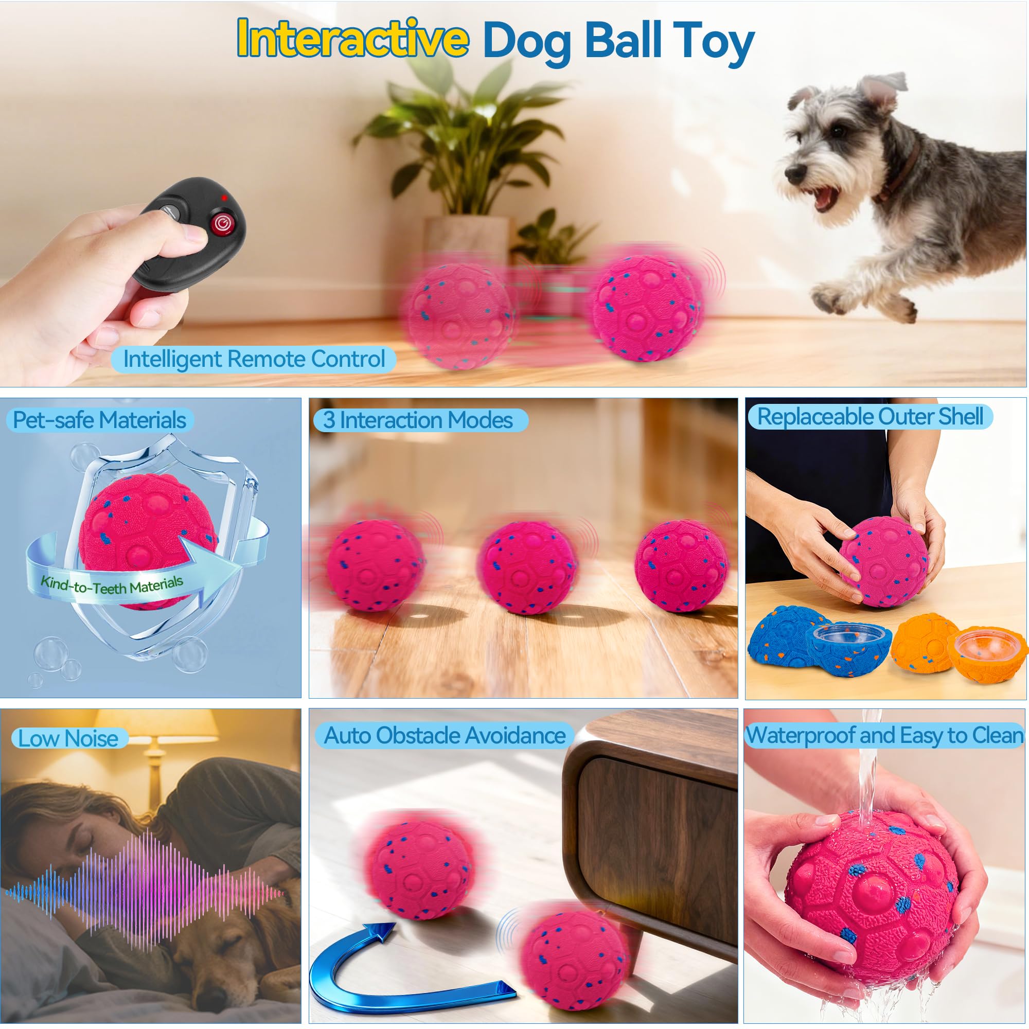 Newget Balle interactive pour chien avec télécommande, 3 modes, balles mobiles intelligentes avec réveil tactile, balle automatique résistante à la mastication, pour chiens de taille moyenne et grande