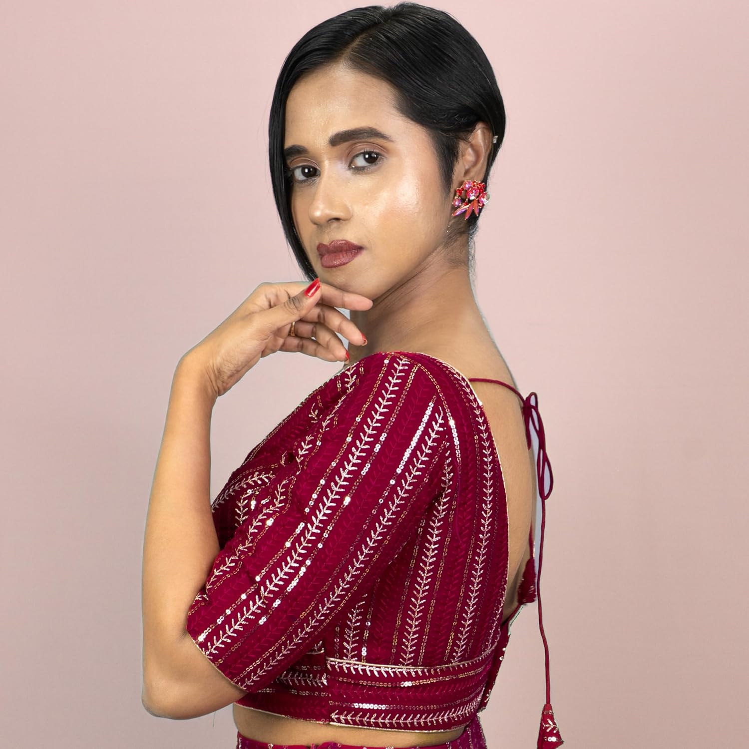 FIGURE'S DESIGNER Women's Embroidered V Neck Elbow Half Sleeve Readymade Saree Blouse E3 - Image 4