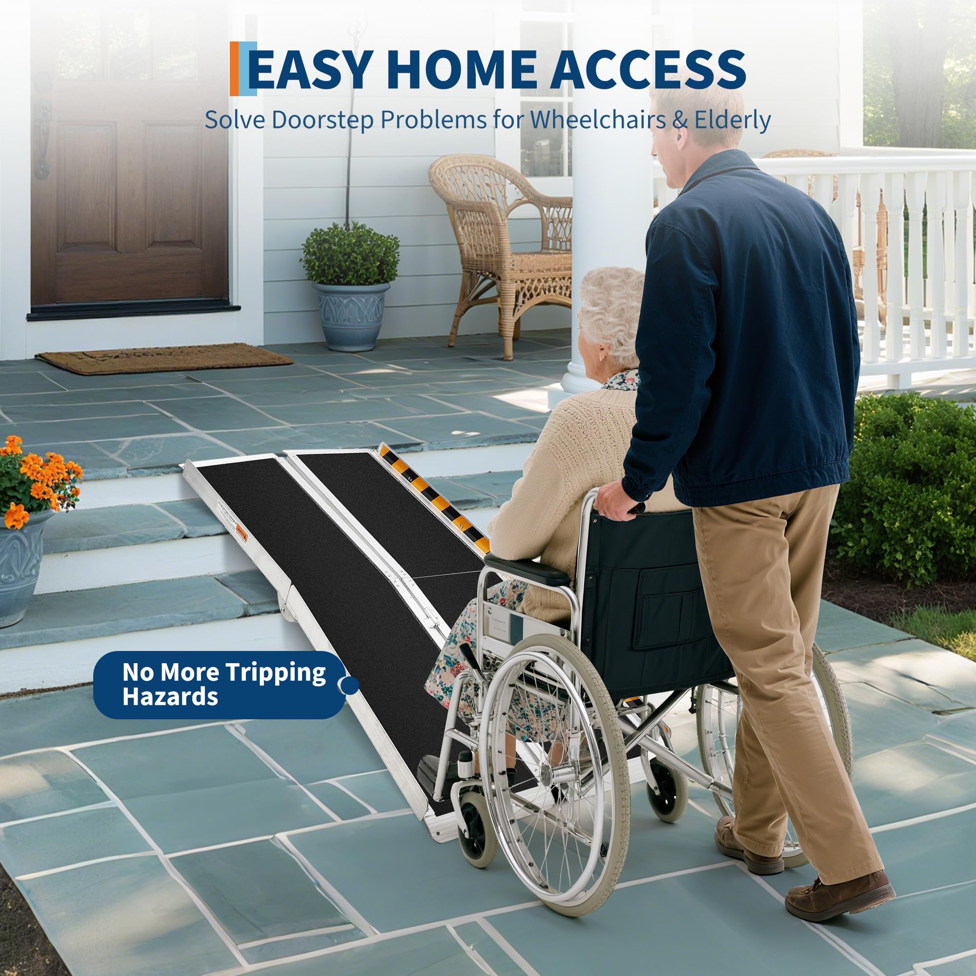 Garvee Rampa Plegable para Silla de Ruedas de 7 pies - Aluminio Antideslizante - 600lb de Capacidad - Portátil y Ligera - Ideal para Escalones, Puertas, Autos y Scooters - Incluye Superficie de Cuero