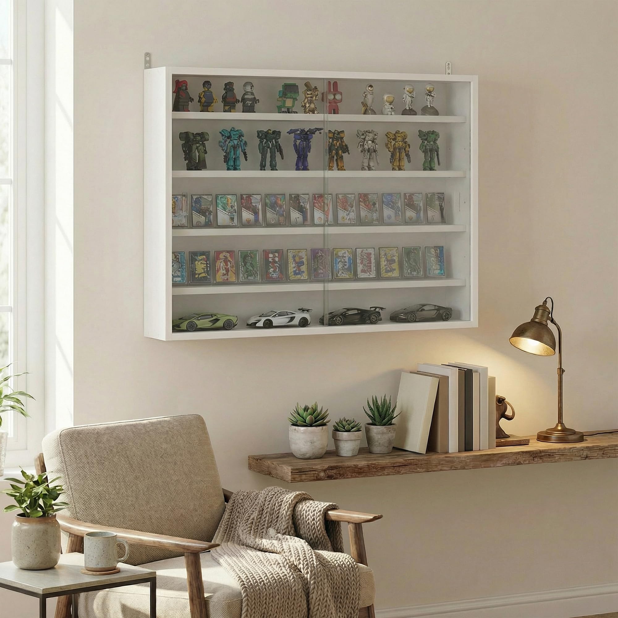 HOMCOM Vetrina espositiva per collezioni a 5 livelli, vetrina da parete, con ripiani regolabili e 2 ante scorrevoli in vetro, per profumi, statuine decorative, 80x9,5x60 cm, bianco