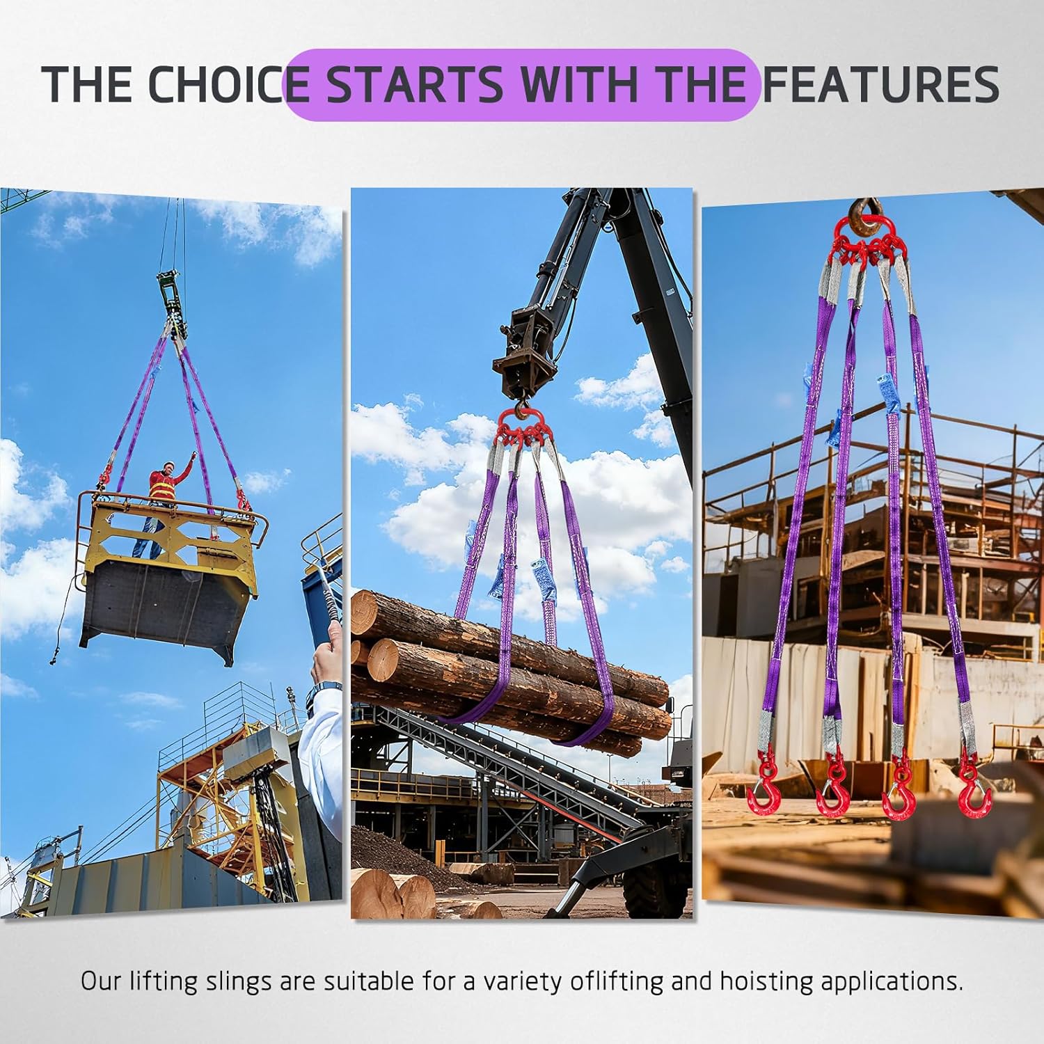 Four Leg Bridle Web Sling 5ft 6600lbs Lifting Slings with G80 Alloy Steel Grab Hooks and Adjuster Polyester Webbing Purple Rigging Straps for Safe Towing and Handling of Cargo - Image 6