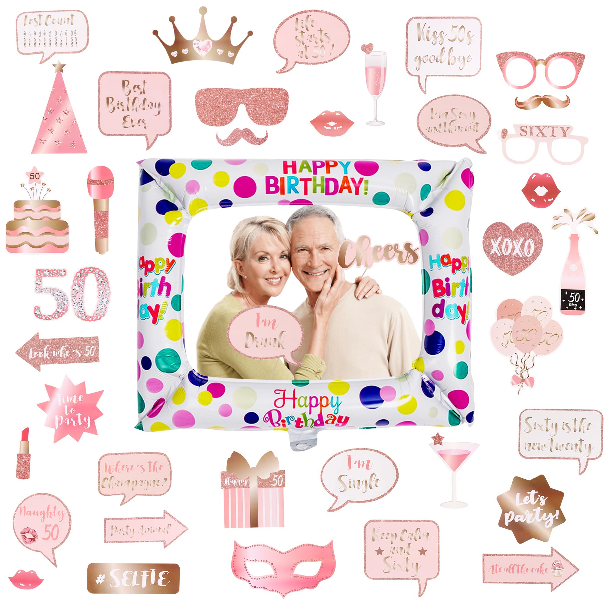 Iridsmole 50th Birthday Photo Booth Props, Rose Gold Inflatable Selfie Frame, 38pcs 50th Birthday Decorations for Women, 50th Giant Inflatable Photo Booth Frame for Ladies Womens Party Decoration