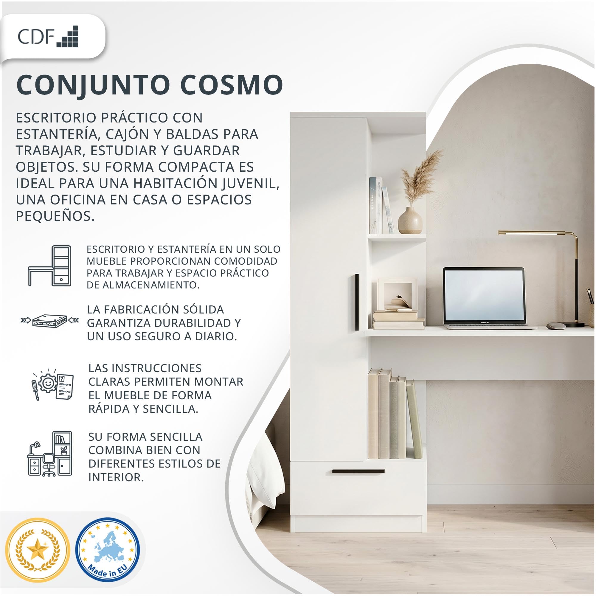 CDF Escritorio con Estantería Cajón 140cm 3 Estantes Gaming Teletrabajo Home Office Escritorio Ordenador Ergonómico Mesa Trabajo Habitación Juvenil Niños Dormitorio Guías Rodillos Blanco Tablero 16mm