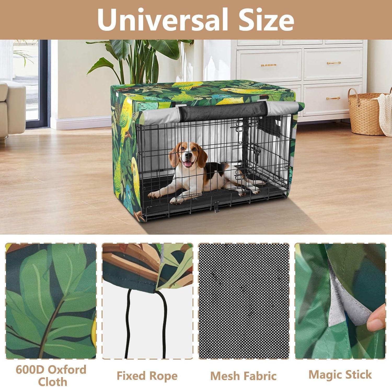 Green Yellow Parrots Leaves Dog Crate Cover Wind-Resistant, S-XL Water-Resistant Crate Cover for Dog, Large