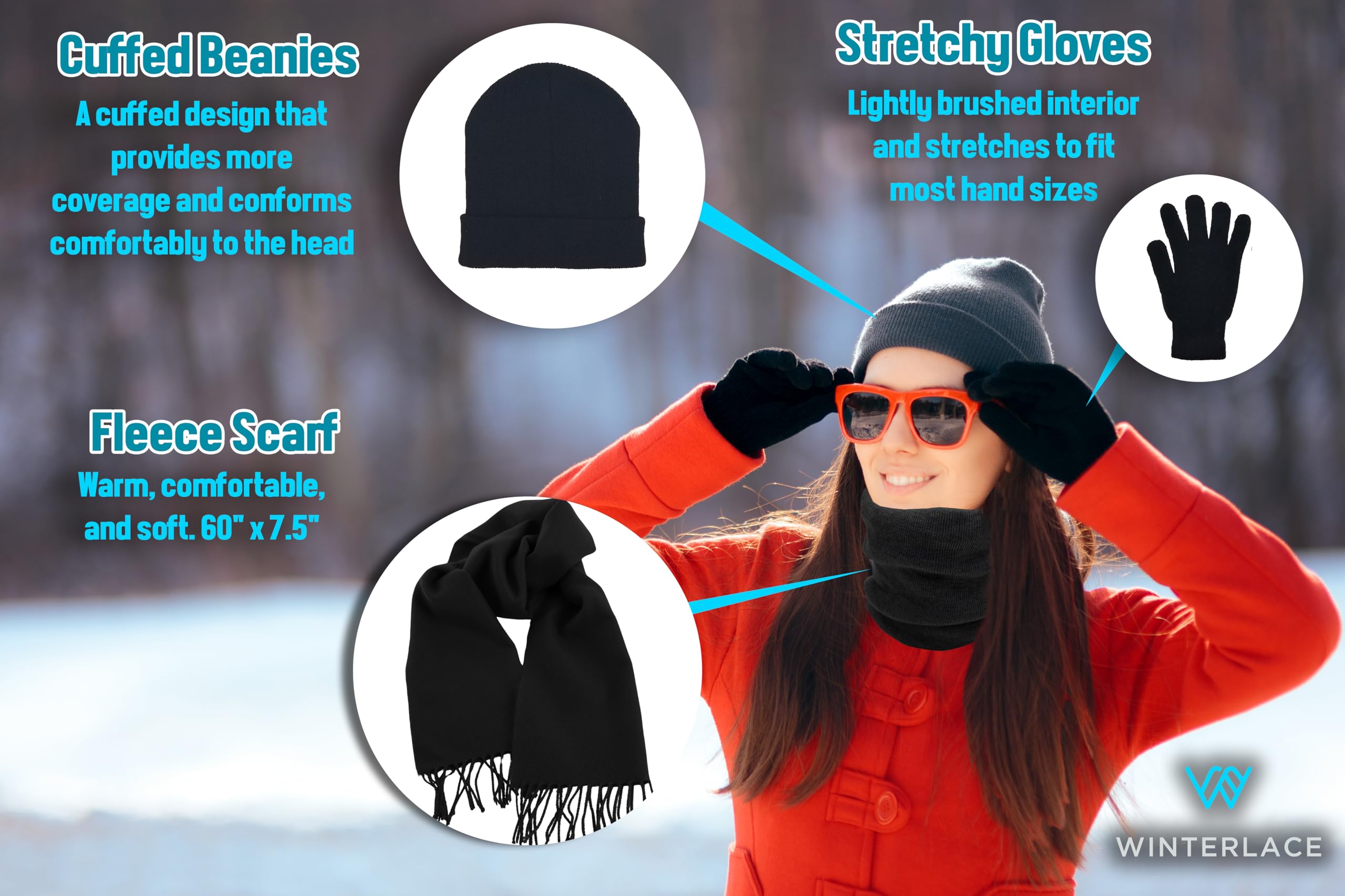 36 x zimowe rękawiczki, czapki, szaliki polarowe, unisex, opakowanie zbiorcze, darowizna, pakiet opieki charytatywnej