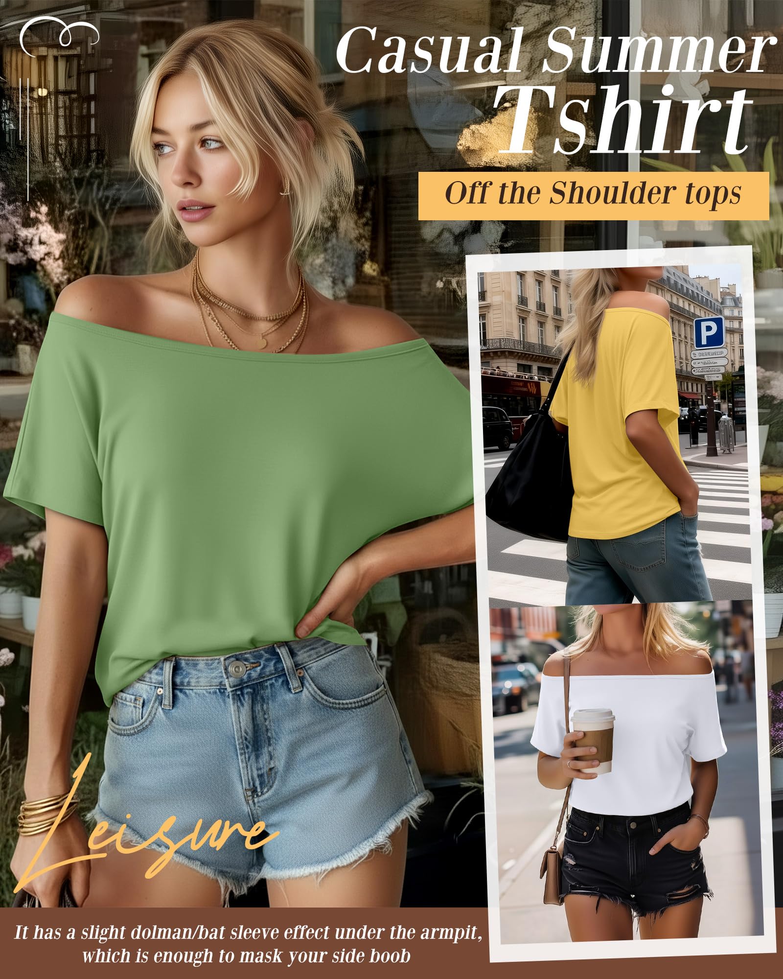 Riyiper Damen Dreiteiler-Set: Schulterfreies Top, locker sitzendes Kurzarm-Sommer-T-Shirt und figurbetontes Sporttop