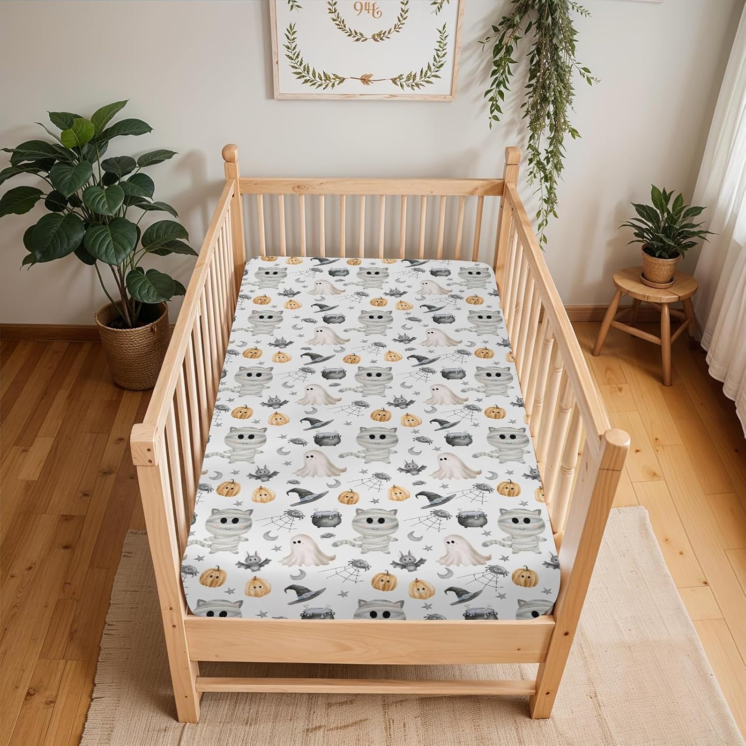 Pastel Halloween Cats Baby Crib Sheets for Boy Girl 52"x28" Pumpkin Witch Bats Moon Soft Snug Fitted Crib Mattress Cover Spooky Halloween Animals Bed Sheet for Standard Crib & Toddler Mattress