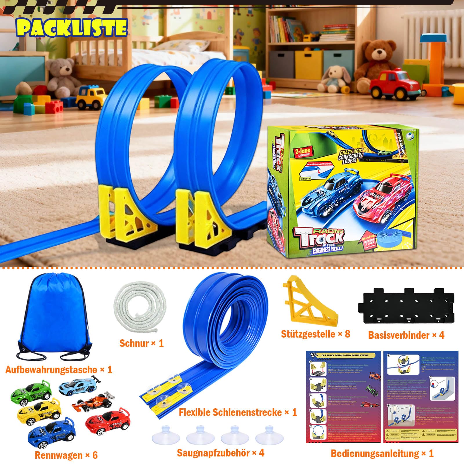 Circuit Voiture Enfant 5M, Piste de Course pour Voiture Double, 1:64 Circuit Flexible Voies avec 6 Voitures, Circuit de Voiture avec Sac de Rangement Ventouse Cadeau pour Garçons Filles (Bleu)