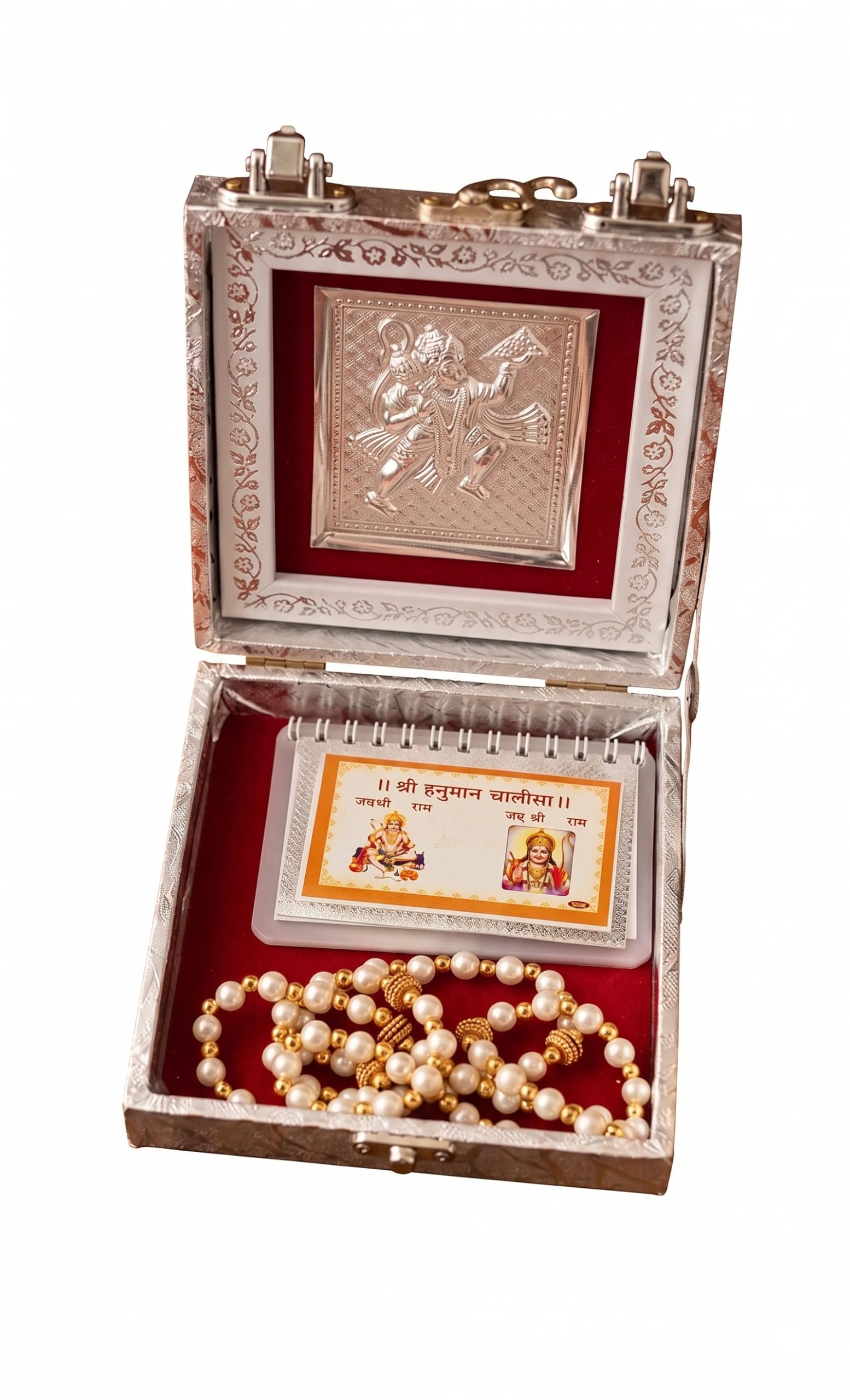 999 Pure Silver Hanuman Chalisa Laminated Card Book With Moti Mala | Silver Hanuman Ji Photo Frame With Crystal Mala and Gifting Decorative Showpiece-image-14