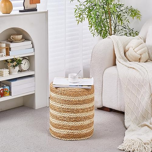 Wimarsbon Otomán de Hierba Marina Natural Taburete Reposapiés Tejido a Mano Taburete Redondo para Pies Puf Taburetes de Tocador Bohemios con Mezcla