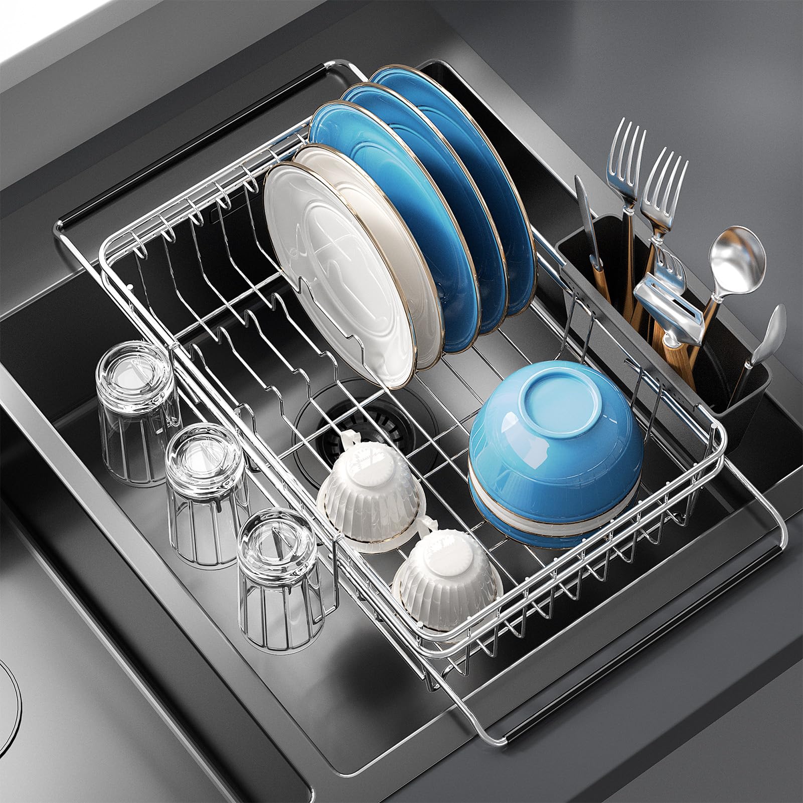Delamu Scolapiatti da sopra il lavello, in acciaio inox espandibile, scolapiatti per piccola cucina, scolapiatti per cucina interna, scolapiatti con portautensili, antiruggine, piccolo
