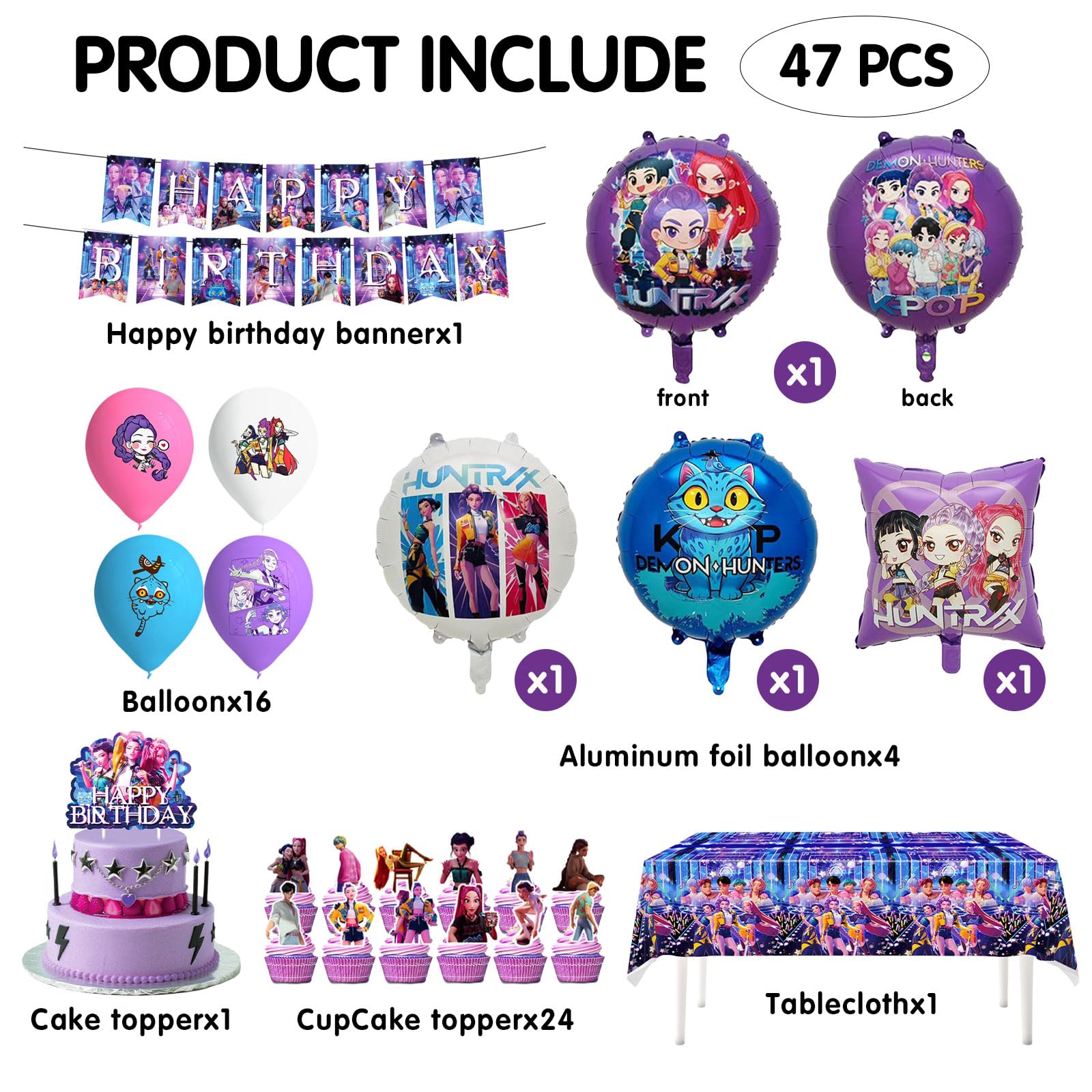 Set di Decorazioni per Compleanno da 47 Pezzi, Include Striscione di Compleanno, Toppers per Torte, Palloncini in Lattice, Decorazioni per Compleanno Adatte ai Bambini