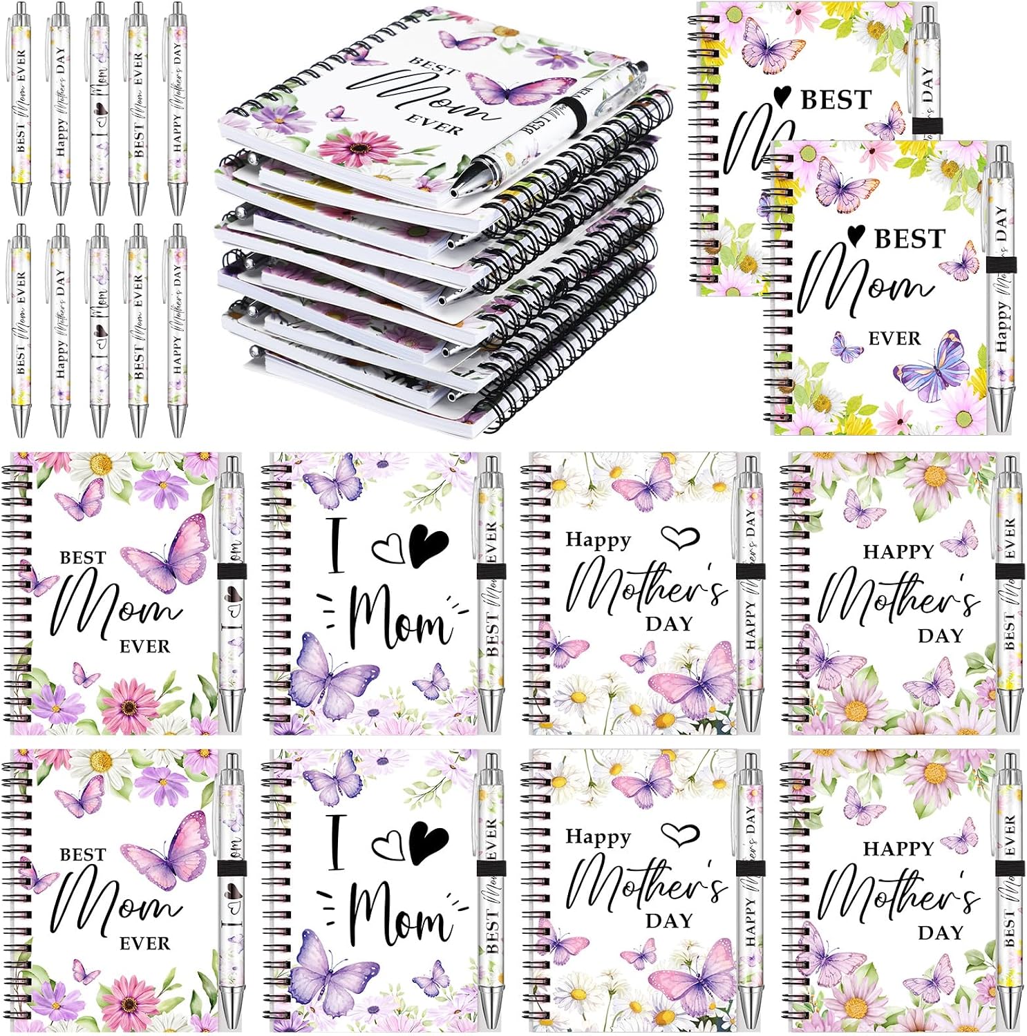 Motiskyy 20 Pcs Happy Mother's Day Notebooks Sets Bulk Butterfly Daisy Mother's Day Spiral Notebooks with Ballpoint Pens Women Gifts Inspirational for Women Mamas Mom from Daughter Office Party Supply