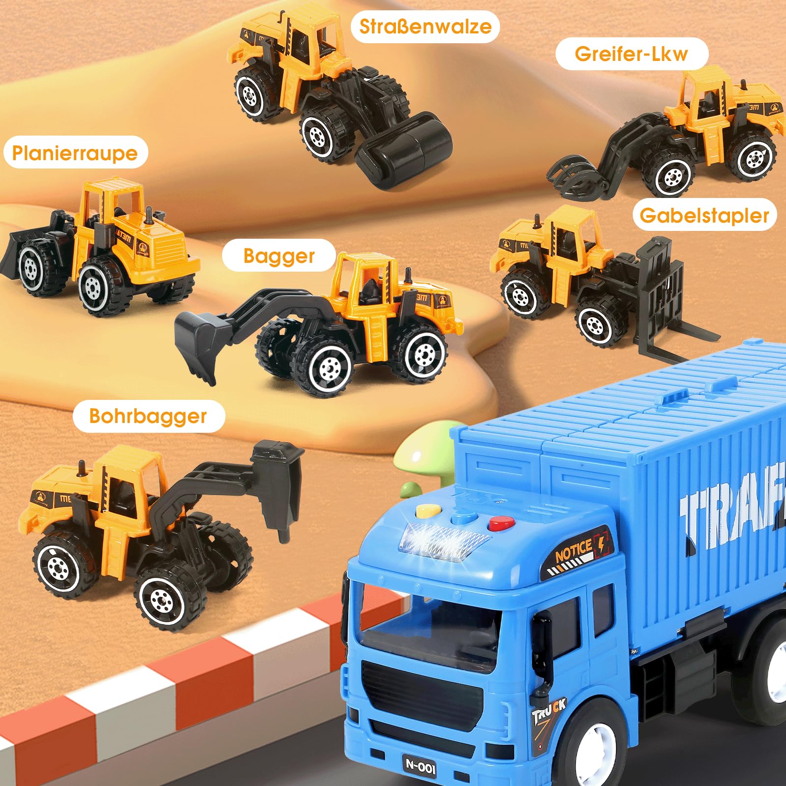 MOONTOY Baustellenfahrzeuge Kinder Kran LKW Spielzeug mit Bagger Drehung | Doppelter Auswurfschiene Bulldozer Dampfwalze Gabelstapler Konstruktionsfahrzeuge für 3 4 5 6 7 Jahre alt Jungen Geschenke