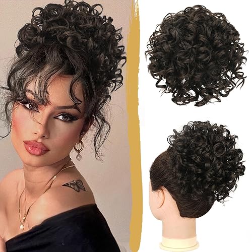 PEACOCO Extensión de cola de caballo corta y rizada con cordón elástico para mujeres con cabello delgado, extensión de moño de fibra sintética de