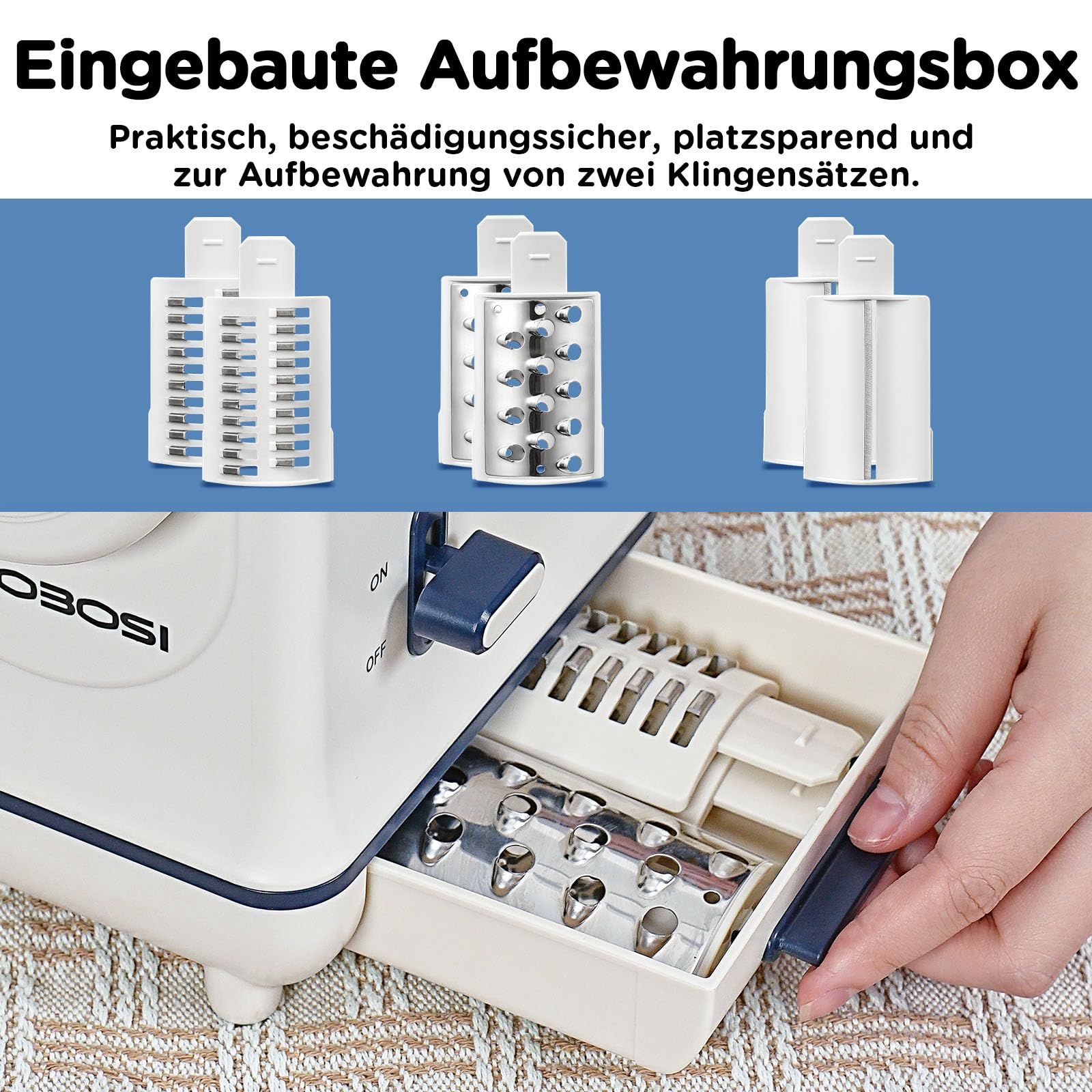 Gemüseschneider Elektrisch, AAOBOSI Elektrischer Gemüseschneider mit Aufbewahrungsbox, großem Einfüllschacht zum ganzer Karotten, Kartoffeln, 3 Einsätze und leisem Motor-Upgrade