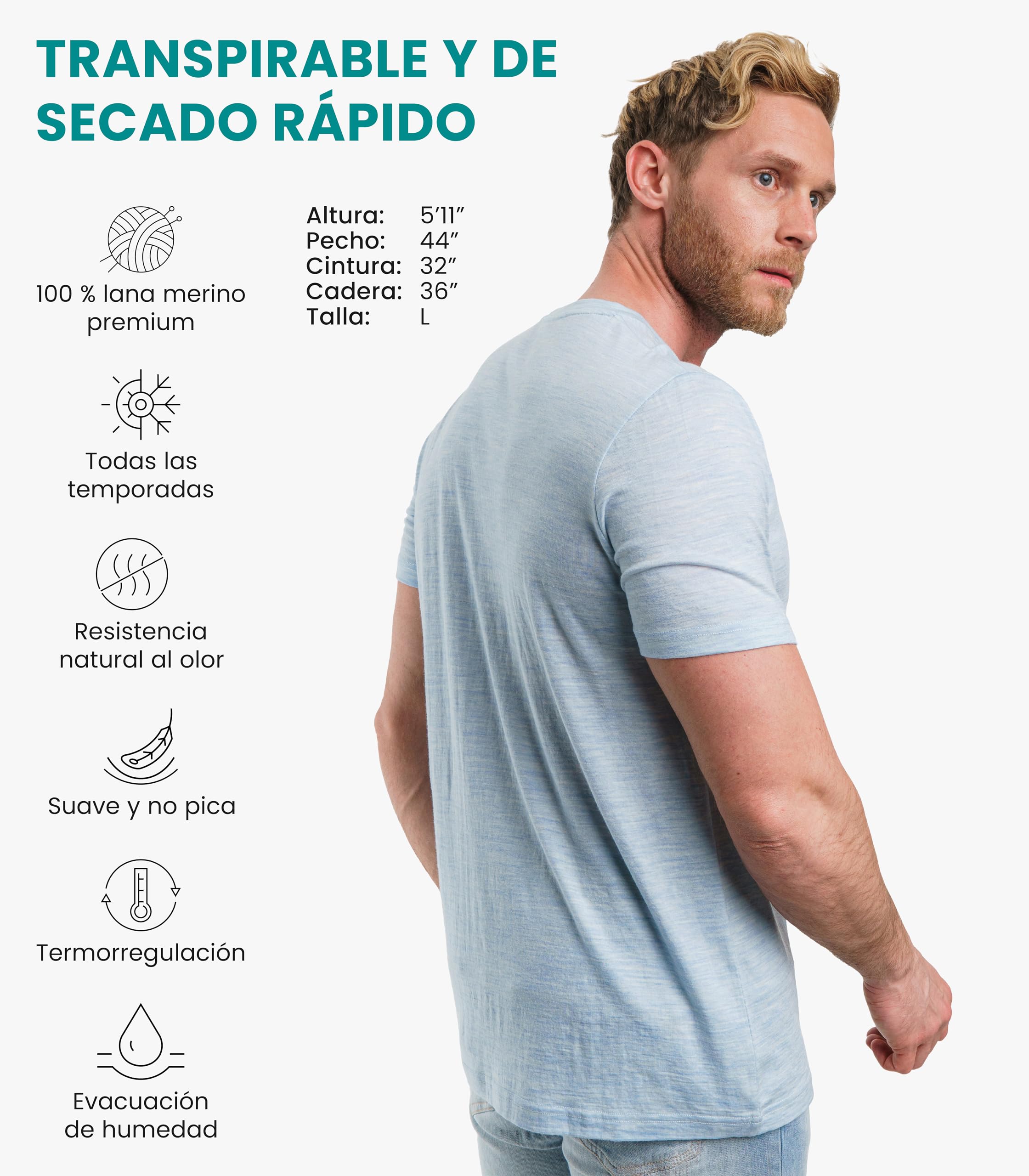 Merino.tech Camiseta Lana Merino Manga Corta Hombre - Camiseta Trekking Hombre Lana Merino Capa Base Ligera