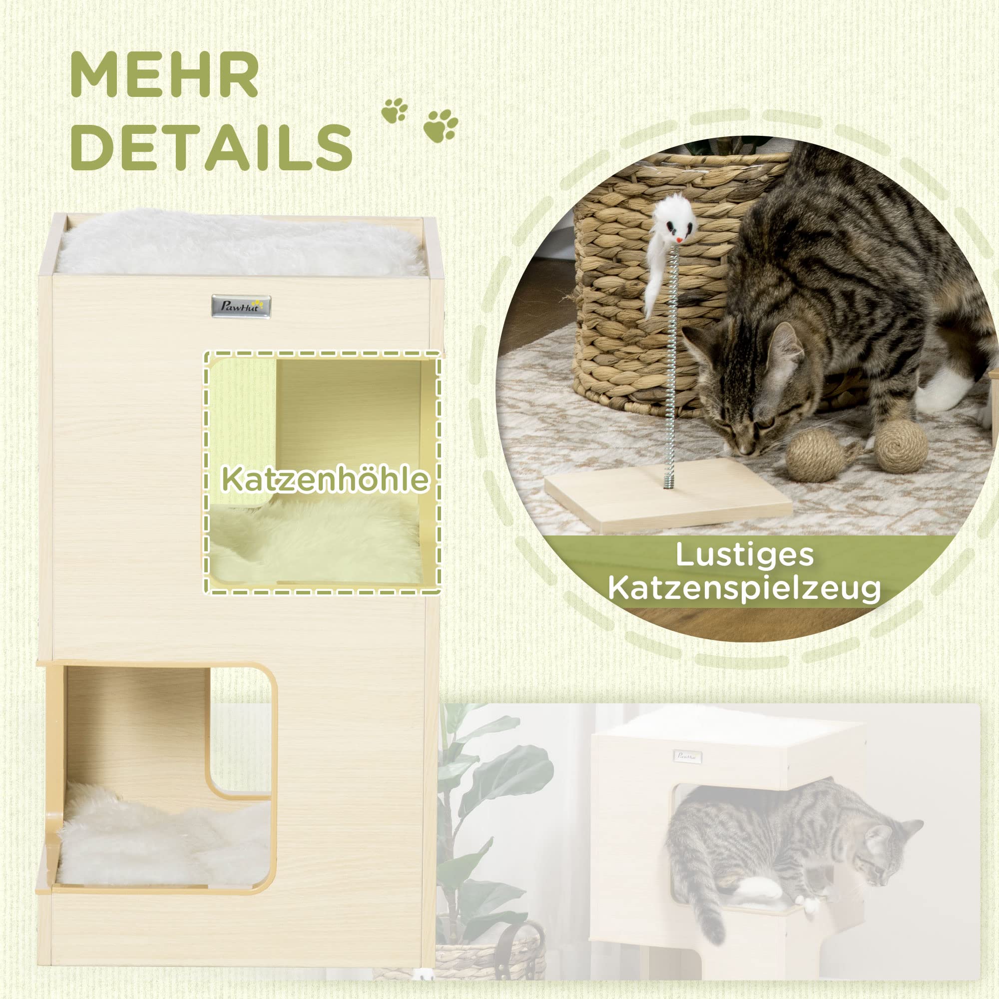 PawHut Katzenhöhle 3-stufiges Katzenhaus mit Kissen 34 x 34 x 60 cm Eiche