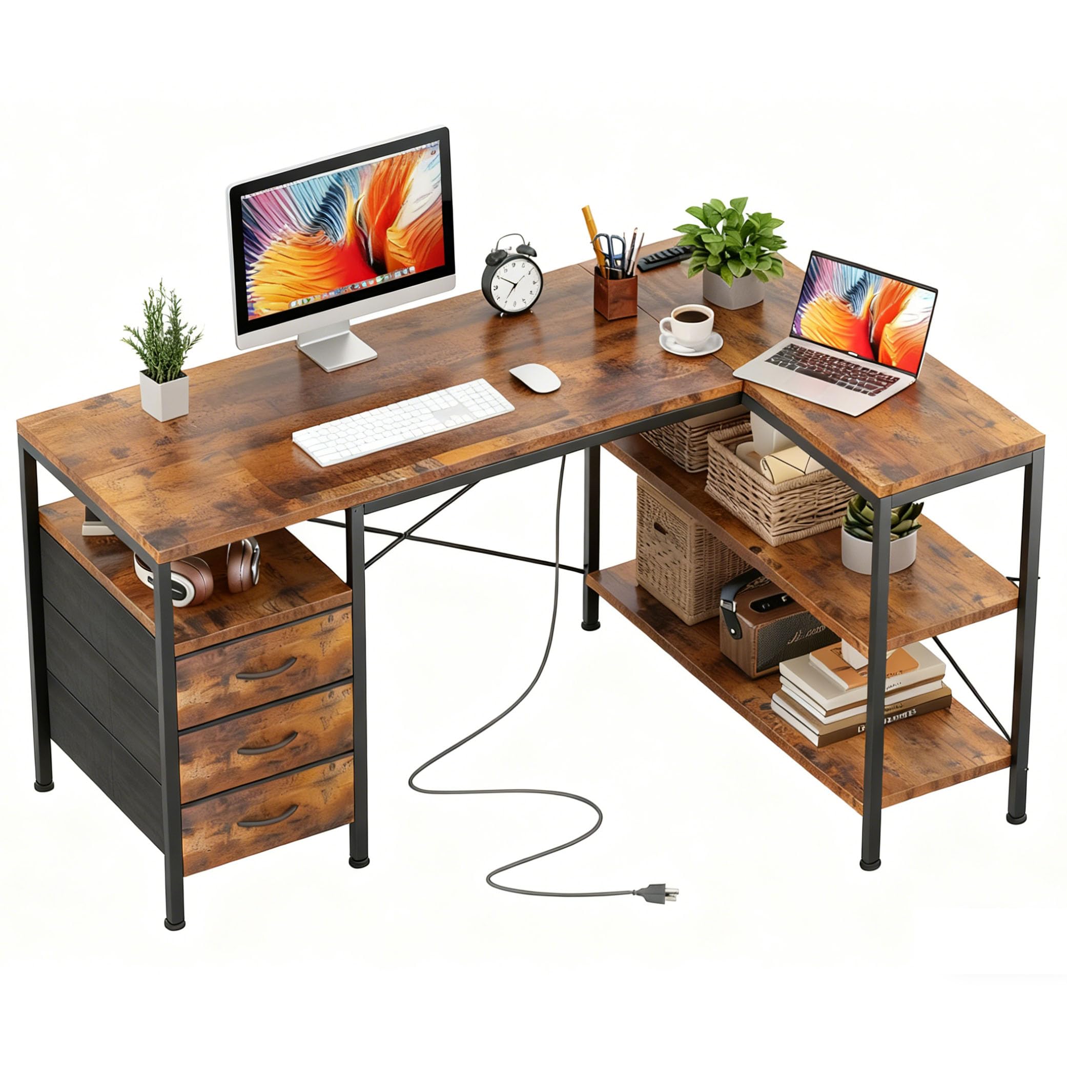 L Shaped Computer Desk, 47 Inch Corner Desk with Drawers and Power Outlets, Home Office Desk for Gaming, Study Writing PC Table with Storage and Reversible Shelf, Rustic Brown
