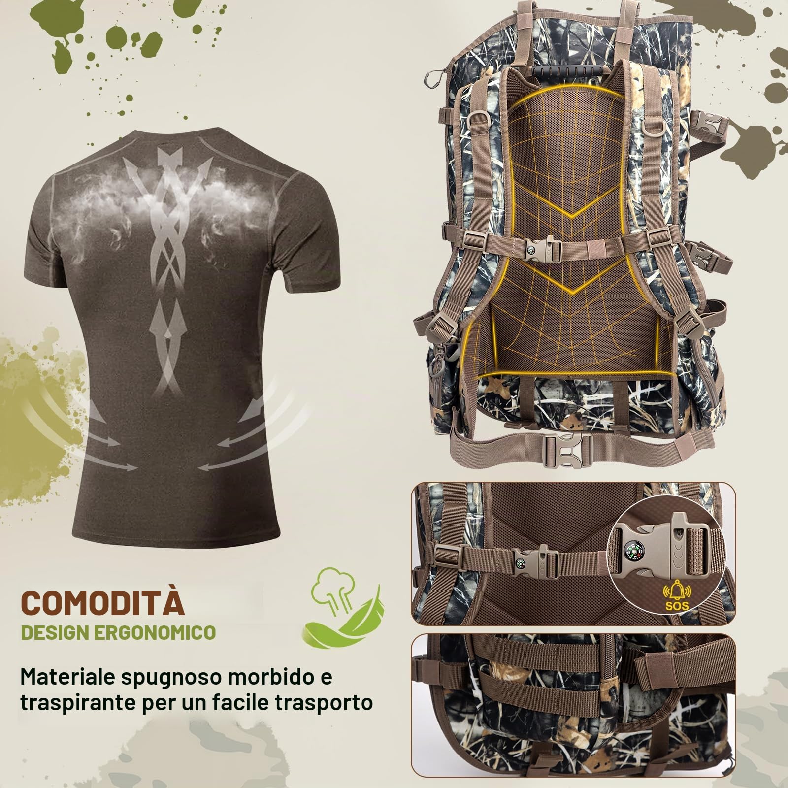Zaino da caccia da uomo, borsa da caccia con supporto per arco, zaino da caccia composto con arco e borsone
