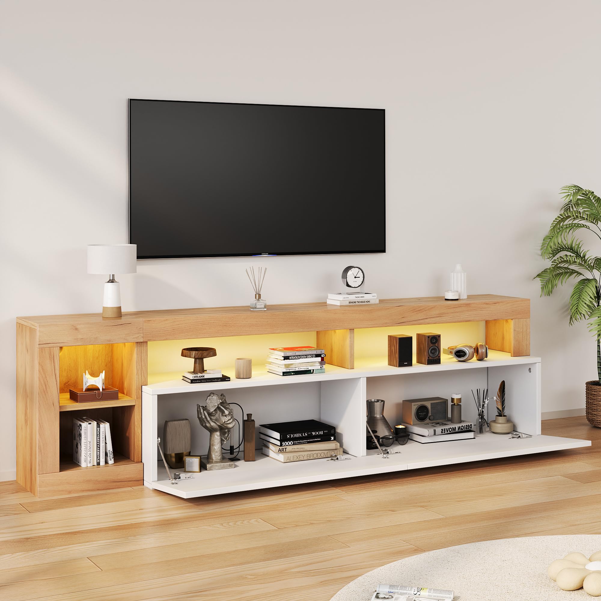 BTM Meuble TV Blanc avec Eclairage LED, Meuble Tele avec Rangement Ouvert, Meuble Télé 180cm de Longueur, pour Max 80 Pouces, 184x42x58cm, Blanc et Bois Naturel