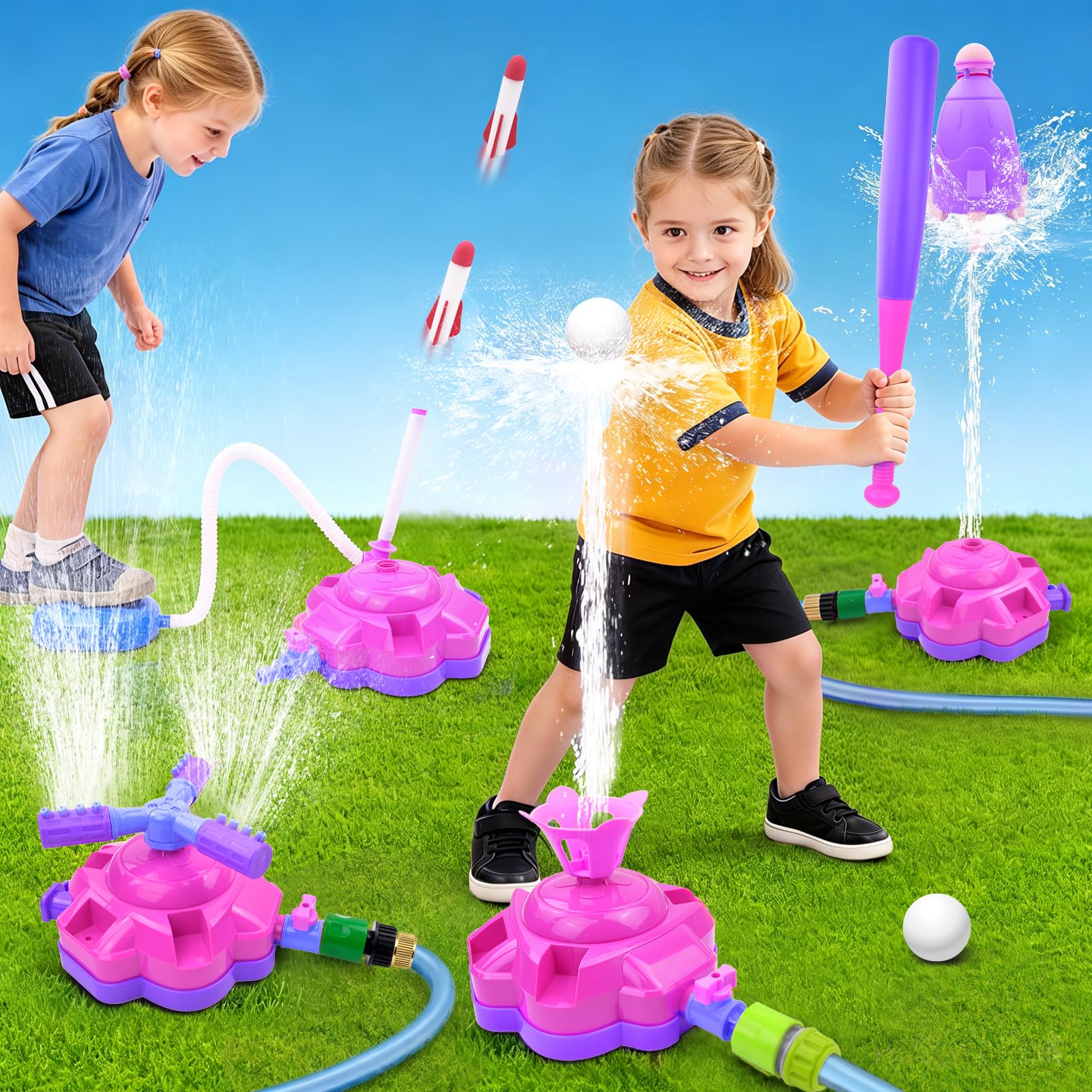 Love&Mini 4-in-1 Sprinkler for Kids, Water Baseball & Rocket Launcher Toy | 4-in-1 Outdoor Water Toy With Rotating Sprinkler, Water Baseball, And Rocket Launch Games For Backyard Summer Fun Ages 3-12