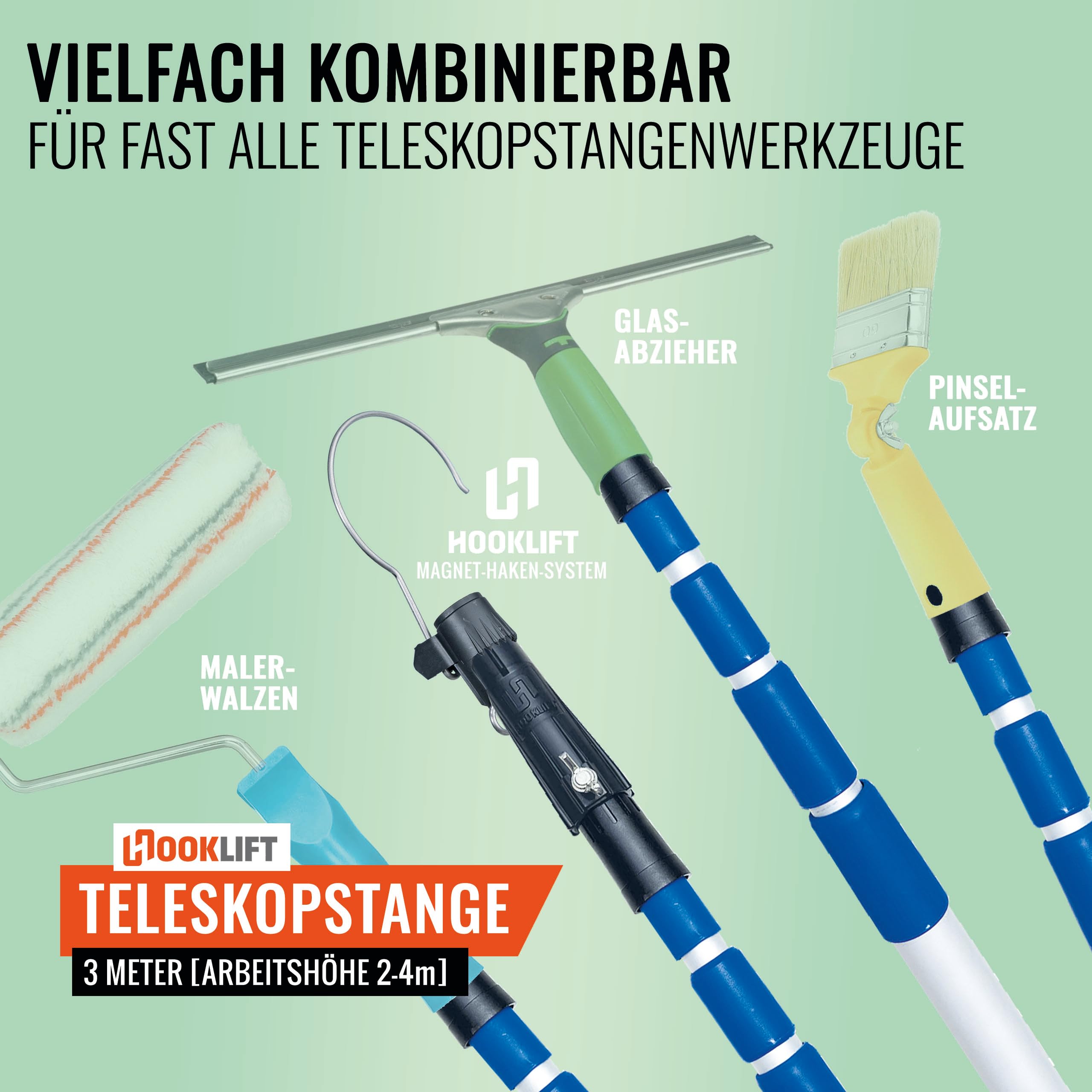 die KÜRZESTE 3m Alu-Teleskopstange mit Adapter, stufenlos von 105 bis 305 cm verstellbar; ideal für das neuartige Magnet-Haken-System viele weitere Werkzeugaufsätze nutzbar