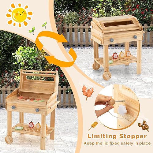 Miniatura 2 de HONEY JOY Cocina de barro, juego de parrilla de madera de abeto para niños al aire libre, juego de comida y herramientas de parrilla, bandeja