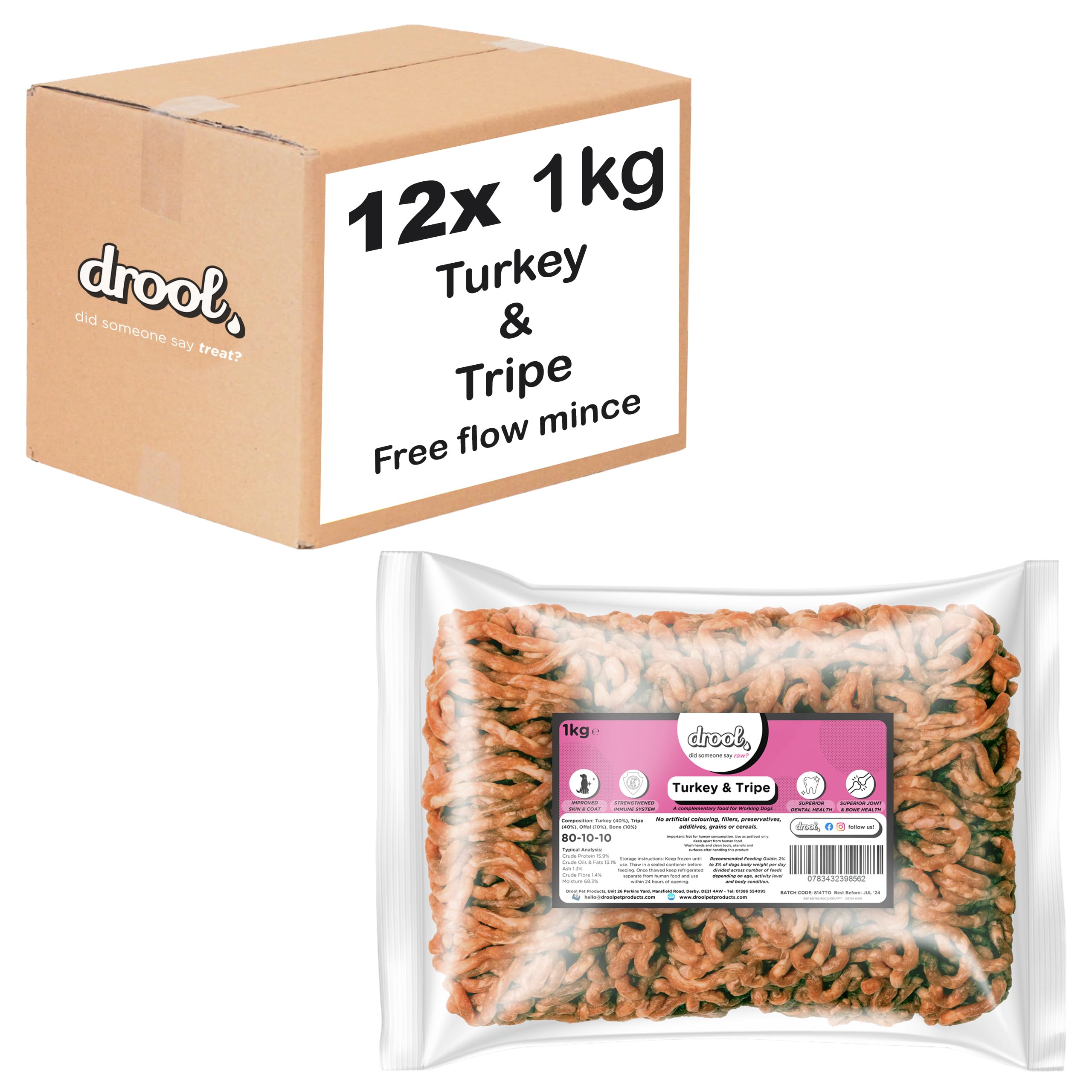 Drool Turkey & Tripe Freeflow Mince 12 x 1kg | 100% Natural Premium Raw Dog Food | Frozen Turkey & Tripe Dog Food for Optimal Canine Health โ image 1