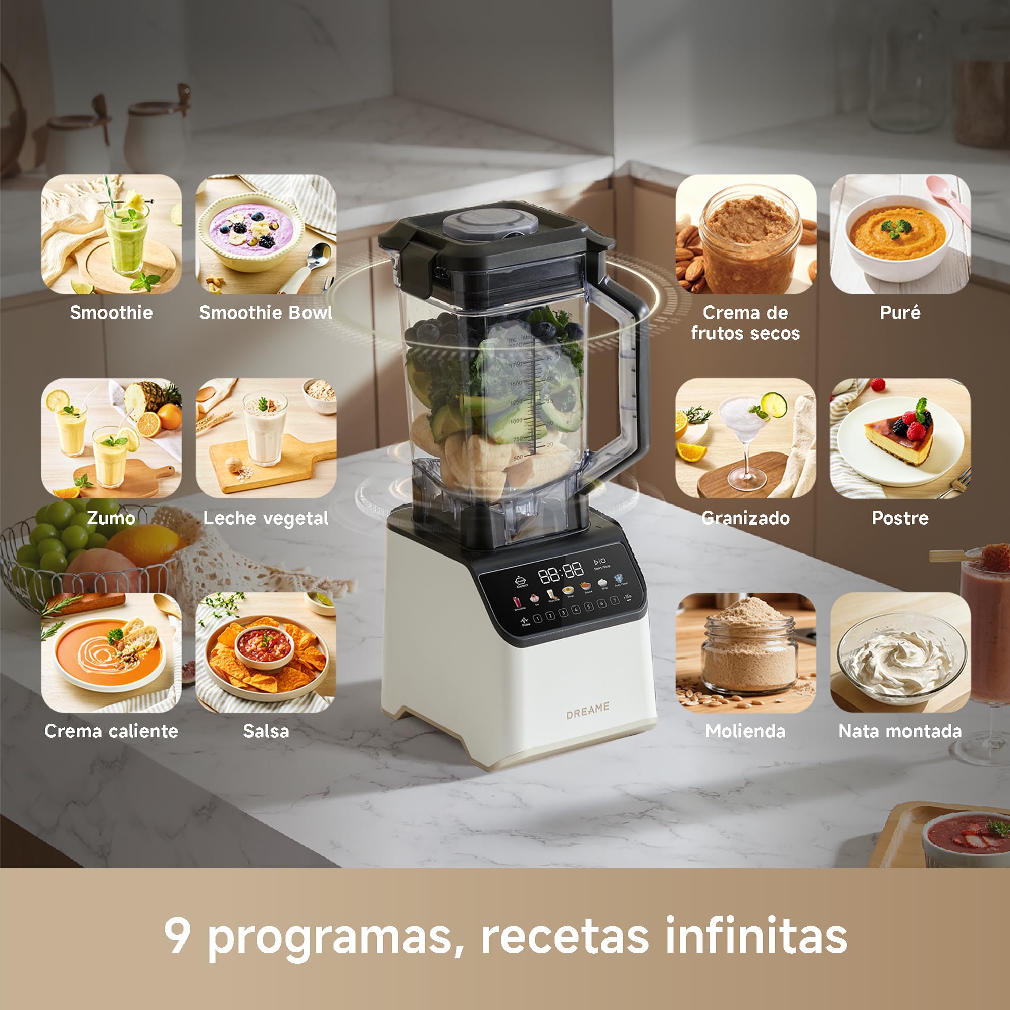 DREAME BlendLogic Blanco, Batidora de Vaso, Tecnología IDetect | 2 Vasos de Tritán (2,0 L + 700 ml), Potente Motor de 2000 W, 9 Programas Inteligentes, Programa de Autolimpieza