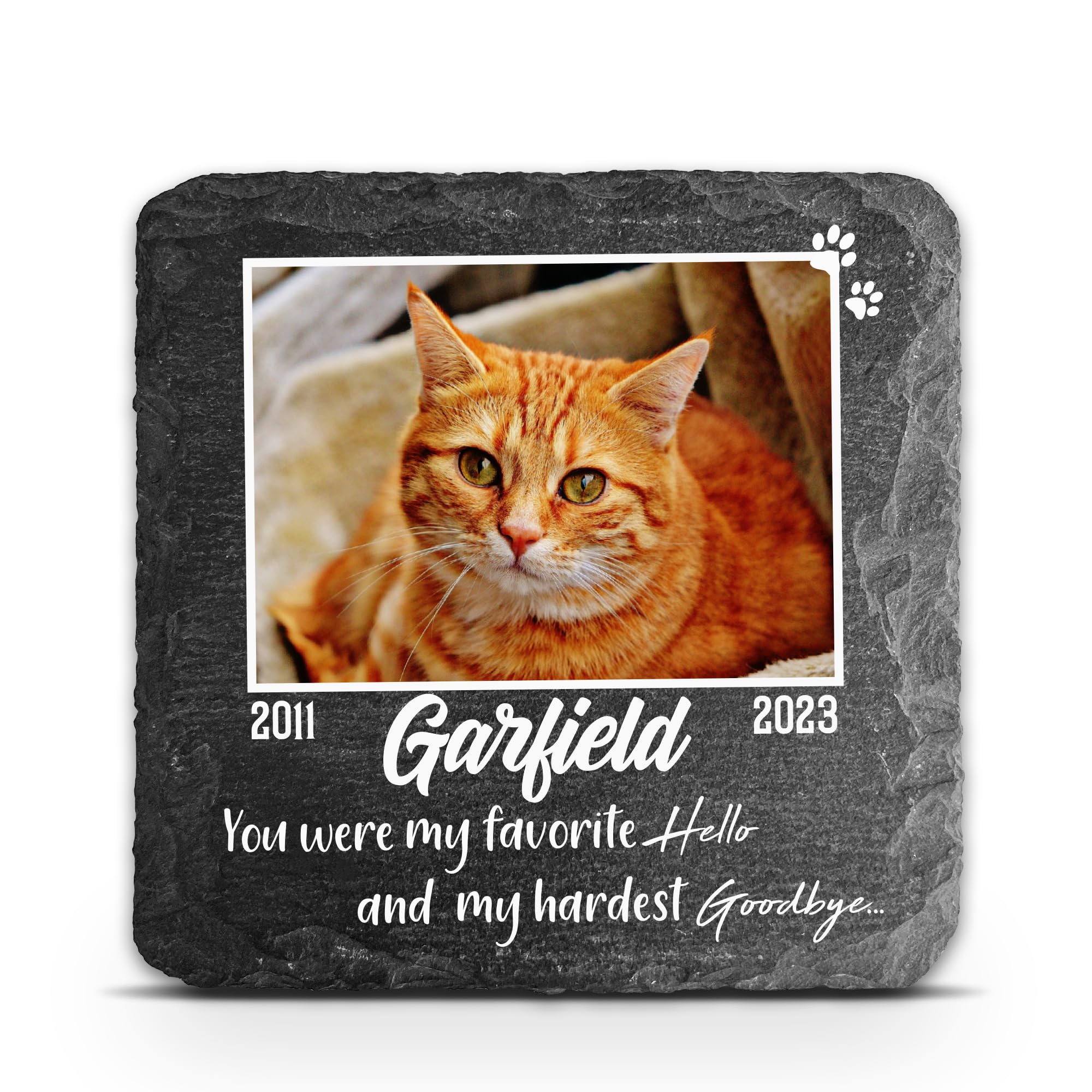 TULLUN Personalised Dark Gray Memorial Small Plaque For Pet Cat Dog Slate Stone Frame Paw Grave Marker - Size | 4" x 4" or 100 x 100 mm | - Large Photo