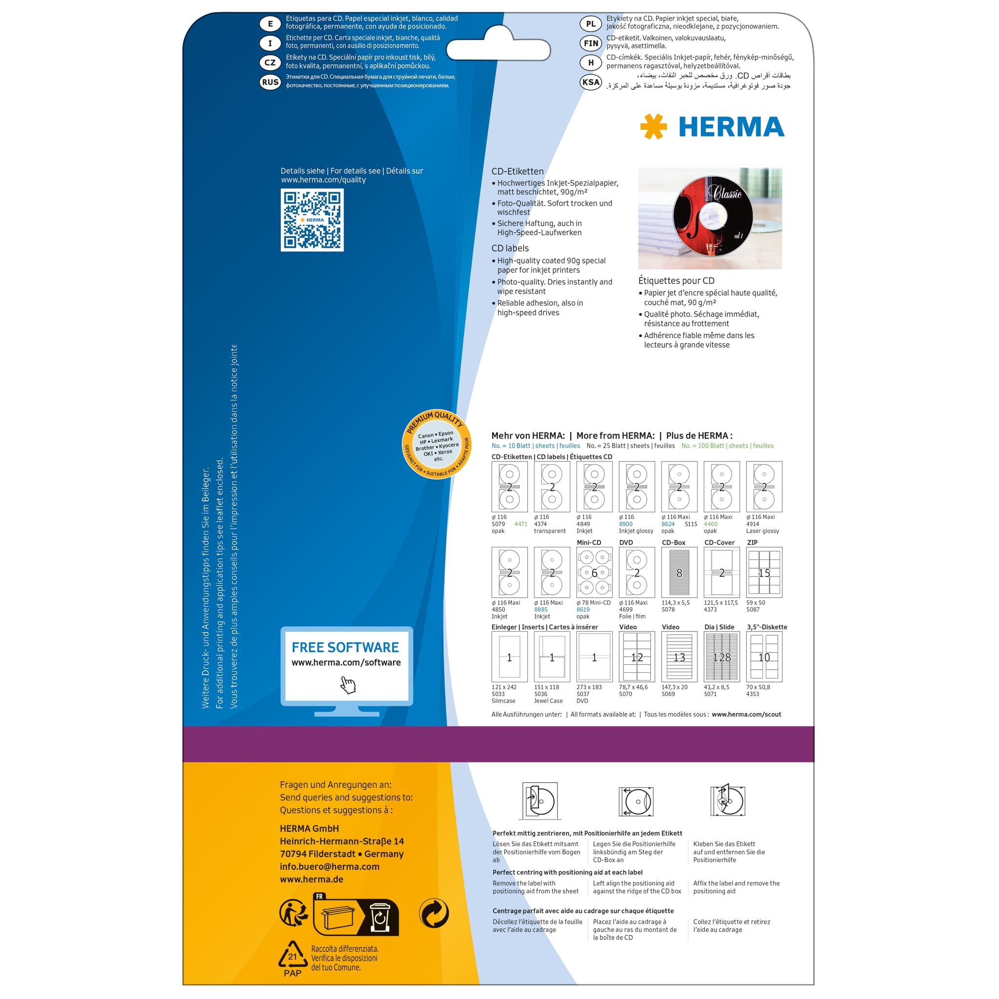 HERMA Etichette Adesive Per CD MAXI &Oslash; 116 Mm - Fogli A4 Per Stampante, 2 Etichette Per Foglio, Bianco