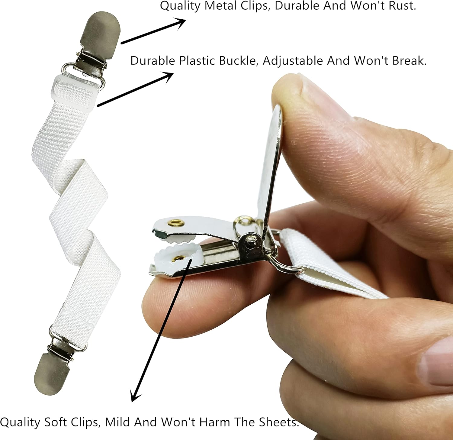 Ruezunn Bed Sheet Clips Straps Sheet Holder Mattress Clips, Elastic Sheet Fasteners Grippers, 4 Pcs Adjustable Elastic Bed Sheet Grippers Straps Suspender Fasteners Holder (White) : Home & Kitchen