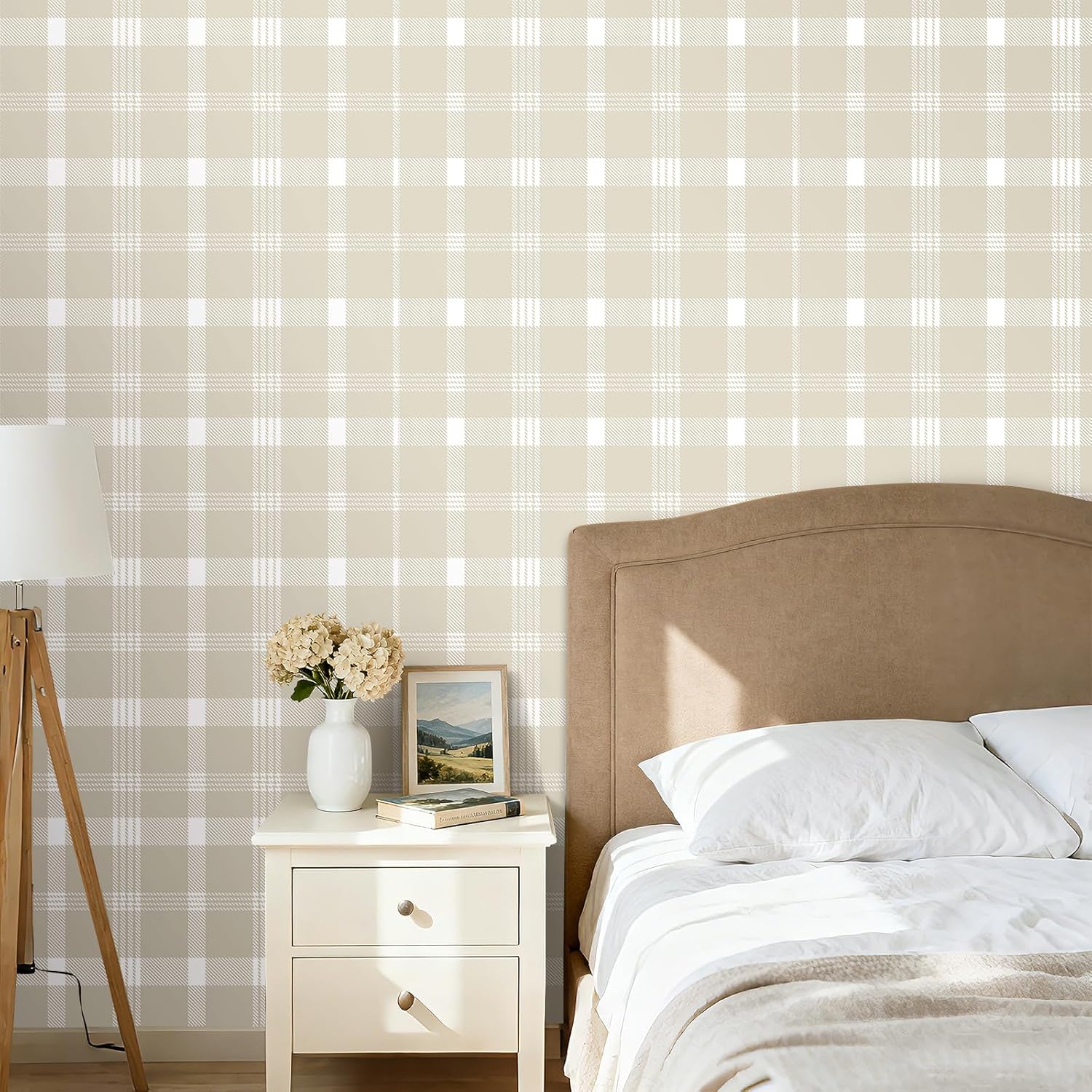 ICOOP Beige Plaid Peel and Stick Wallpaper 17.5"×276" Rustic Checkered Wallpaper Neutral Tailor Plaid Contact Paper for Desk Grid Gingham Wall Paper for Nursery Bedroom Kitchen Self Adhesive Vinyl