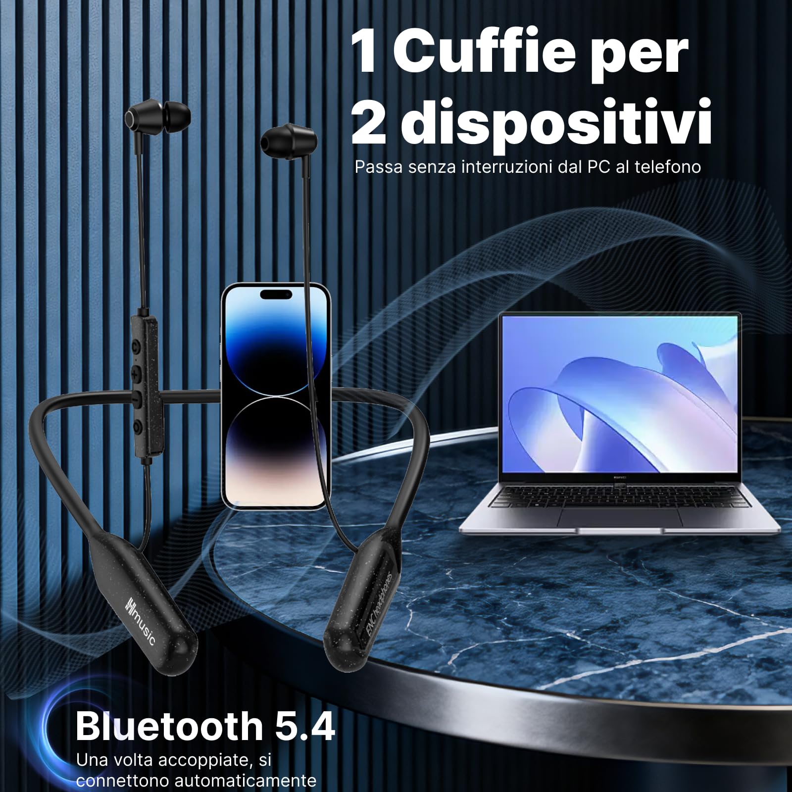 Hmusic Cuffie Bluetooth con Archetto da Collo - Batteria grande, Nero | 200 ore di riproduzione, Impermeabile IPX5, Isolamento acustico, auricolari magnetici per sport, corsa, palestra, cantiere
