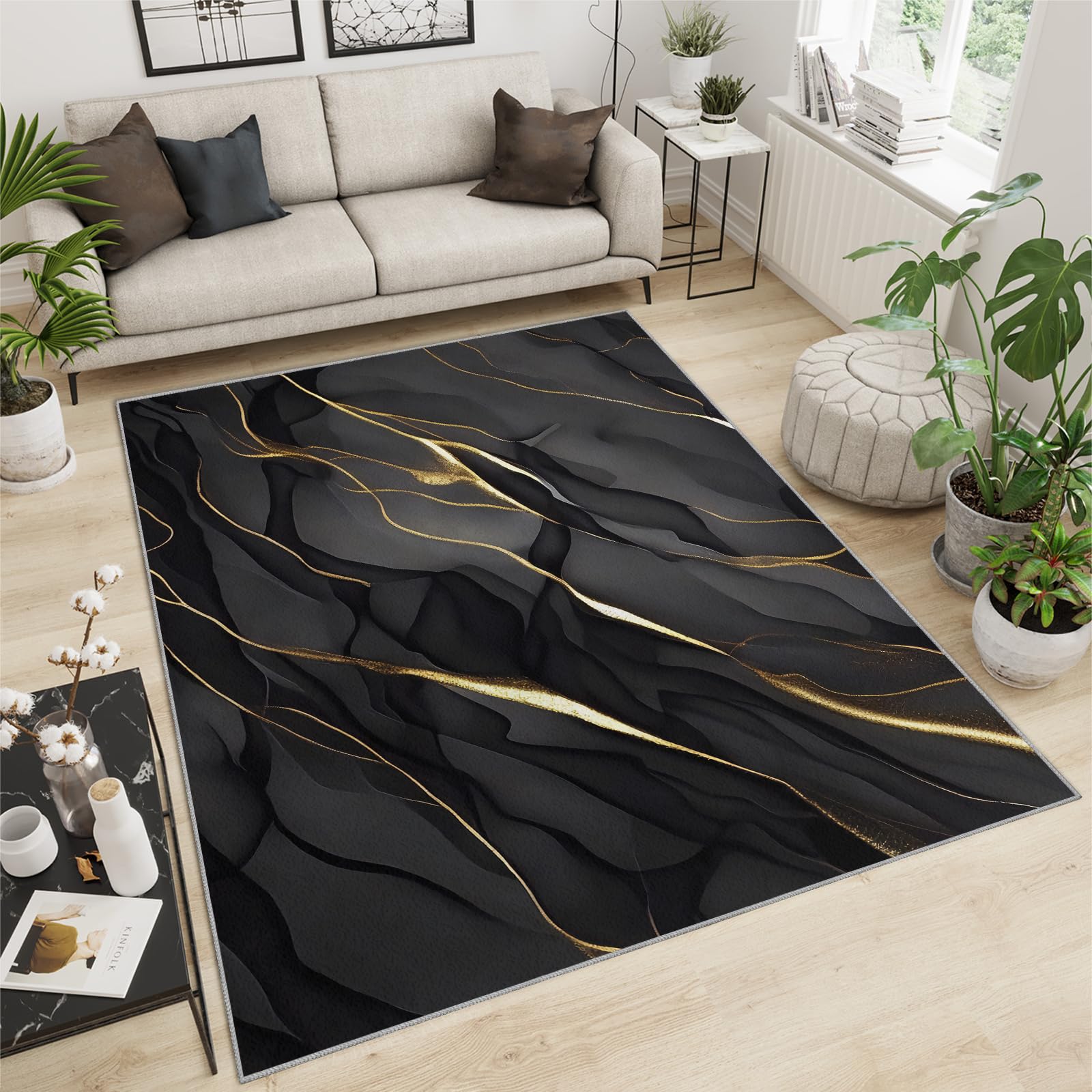4x6 Rug for Bedroom, Nordic Light Luxury Black Gold Rugs for Living Room, Modern Abstract Gradient Texture Rugs, Non-Slip Machine Washable Carpet for