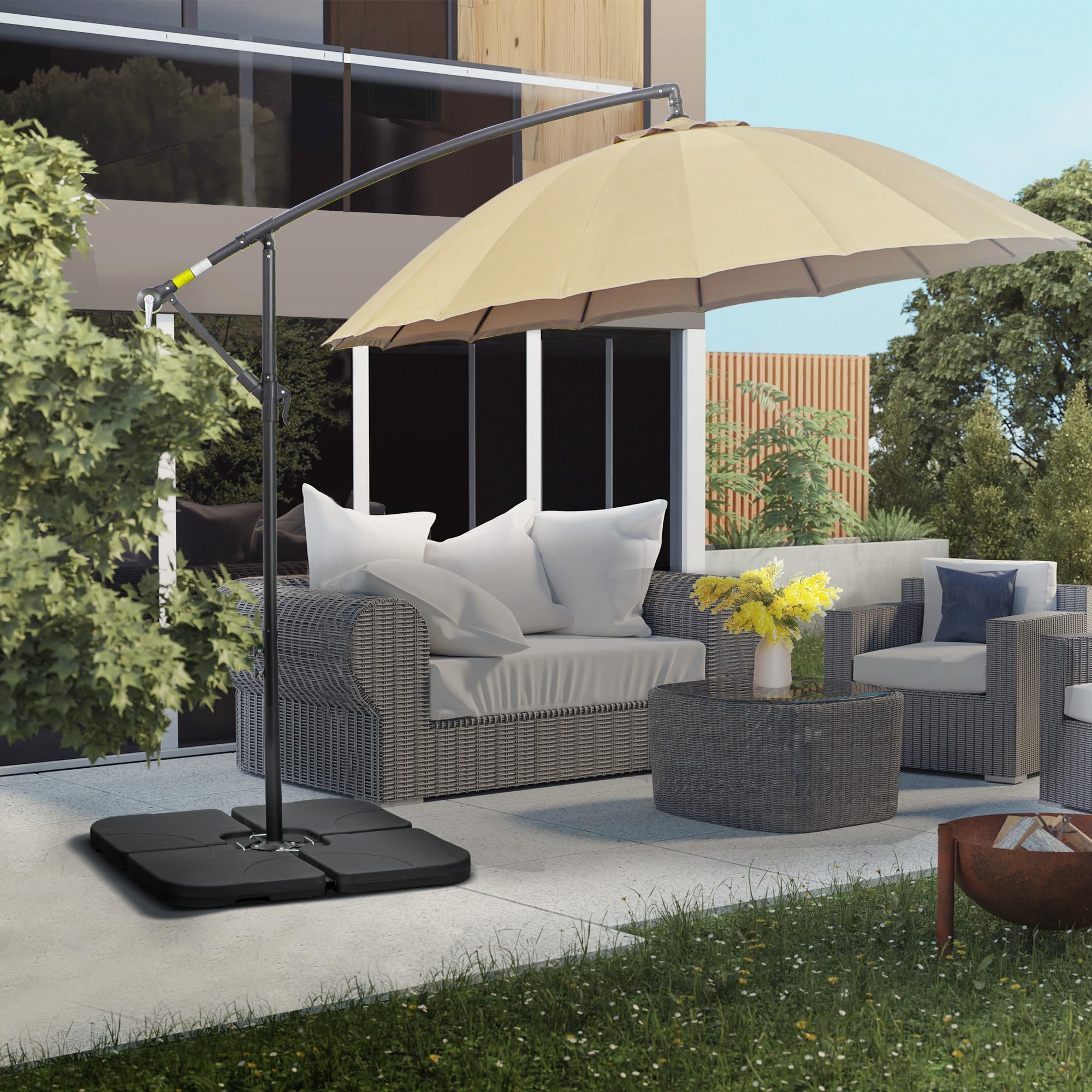 Outsunny Base per Ombrellone Set 4 Pezzi in HDPE Riempibile con Acqua o Sabbia, Basamento per Ombrellone con 4 Connettori, 104x104x7.5 cm, Nera