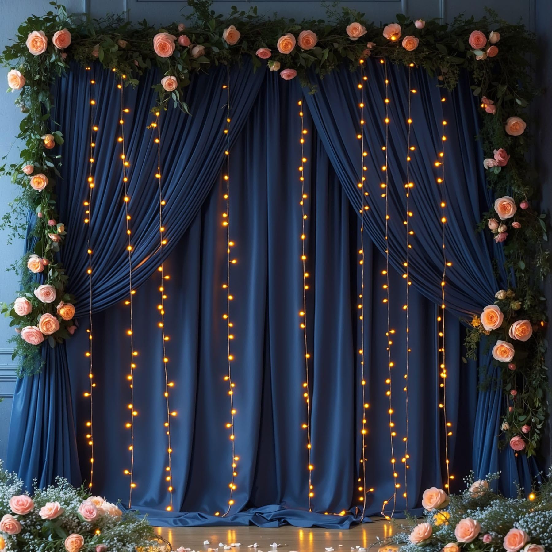 Navy Blue Backdrop Curtains with Lights for Parties,10x10FT Wrinkle Free Wedding Photo Backdrop Curtains for Baby Shower Birthday Graduations Home