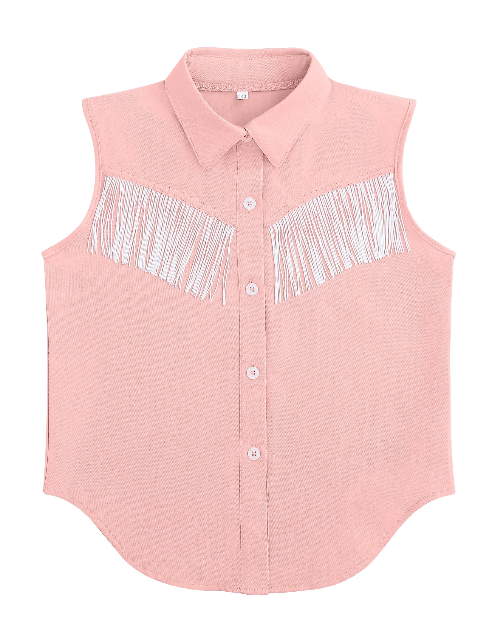 Girls Fringe Shirt Sleeveless Button Down Western Cowgirl Tassel Trim Casual Blouse Shirt Top 4-13Y