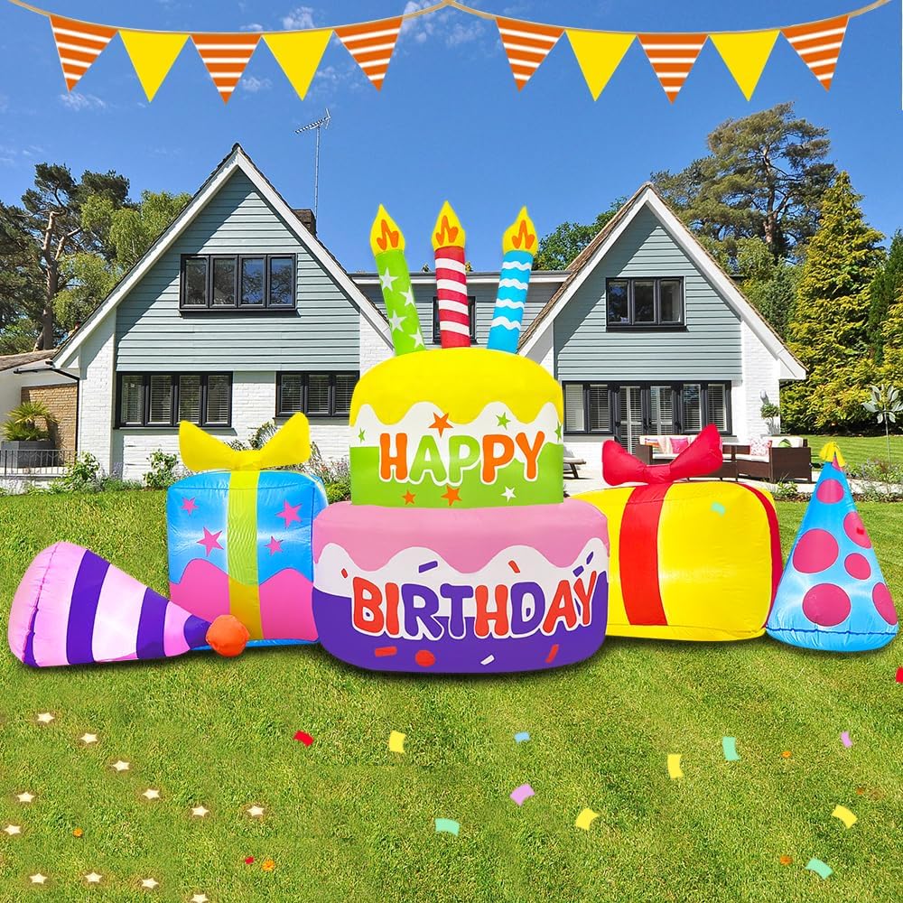 8FT Inflatable Happy Birthday Cake Decoration with Candles Blow up Outdoor Yard Decorations, Built-in LED Lights for Holiday Party Garden Lawn Indoor Home Celebration