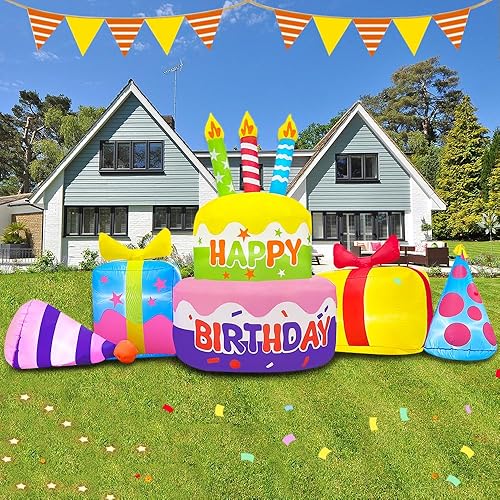 Miniatura 6 de Decoración inflable para pastel de cumpleaños de 8 pies con velas inflables para exteriores, luces LED integradas para fiestas de vacaciones,
