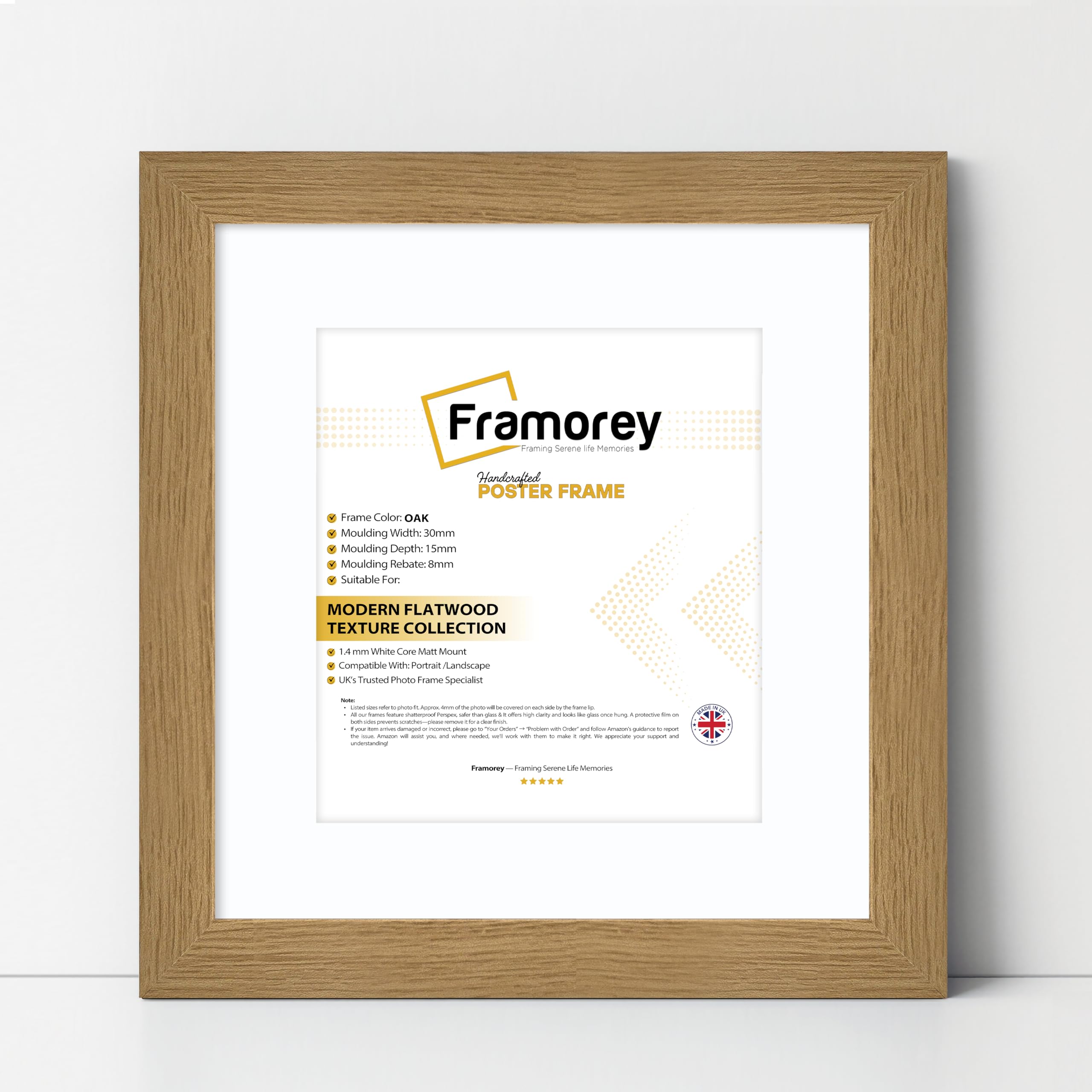 Framorey Framing Serene Life Memories Oak With White Mount Framorey Square Oxford Flat Wooden Effect Picture Frame, 70X70cm Size Oak Photo Frame With 60X60cm Size White Mount, Photo Print Frame, Best Photo Frames For Birthday Gift