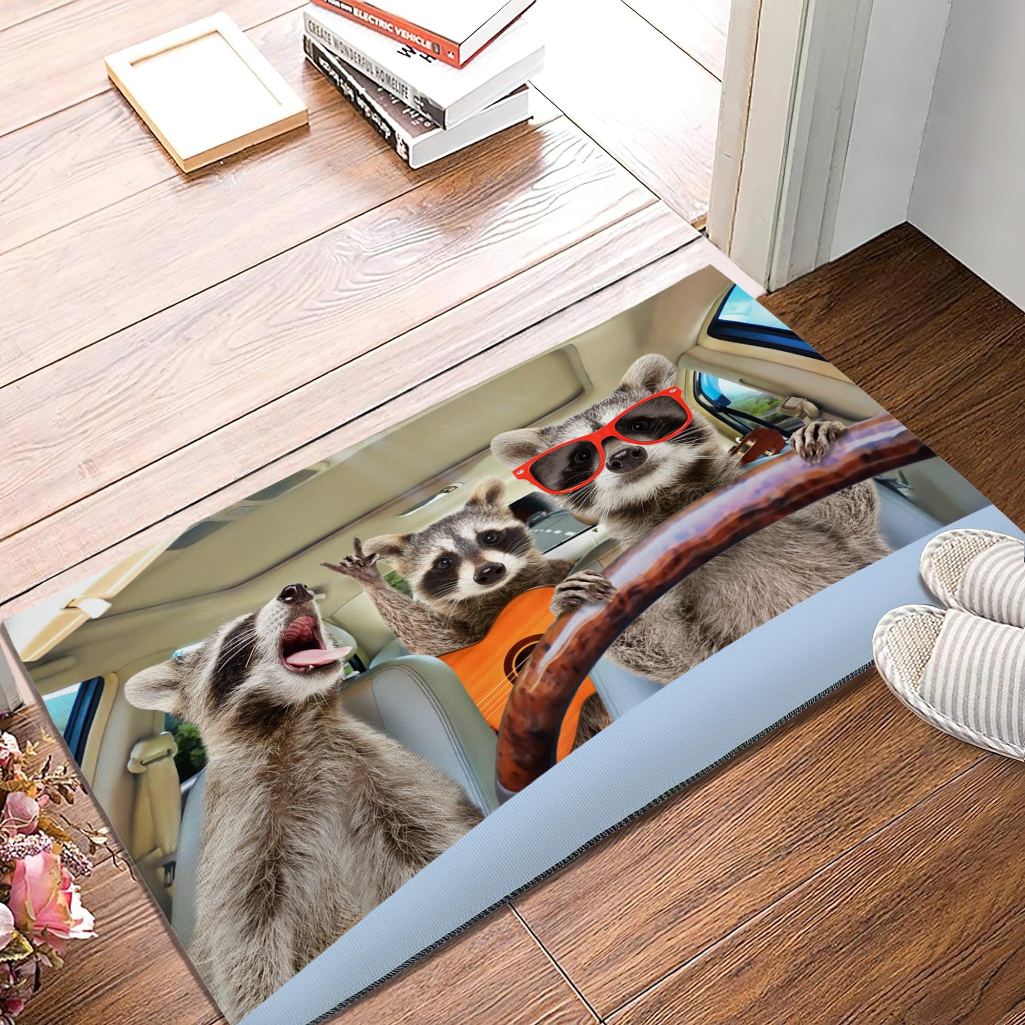 SPUNKER Door Mat, 17 x 30 Inch Funny Raccoon Welcome Doormat Decorative Home Floor Mat, Non Slip Back and Strong Water Absorption for Outdoor Indoor