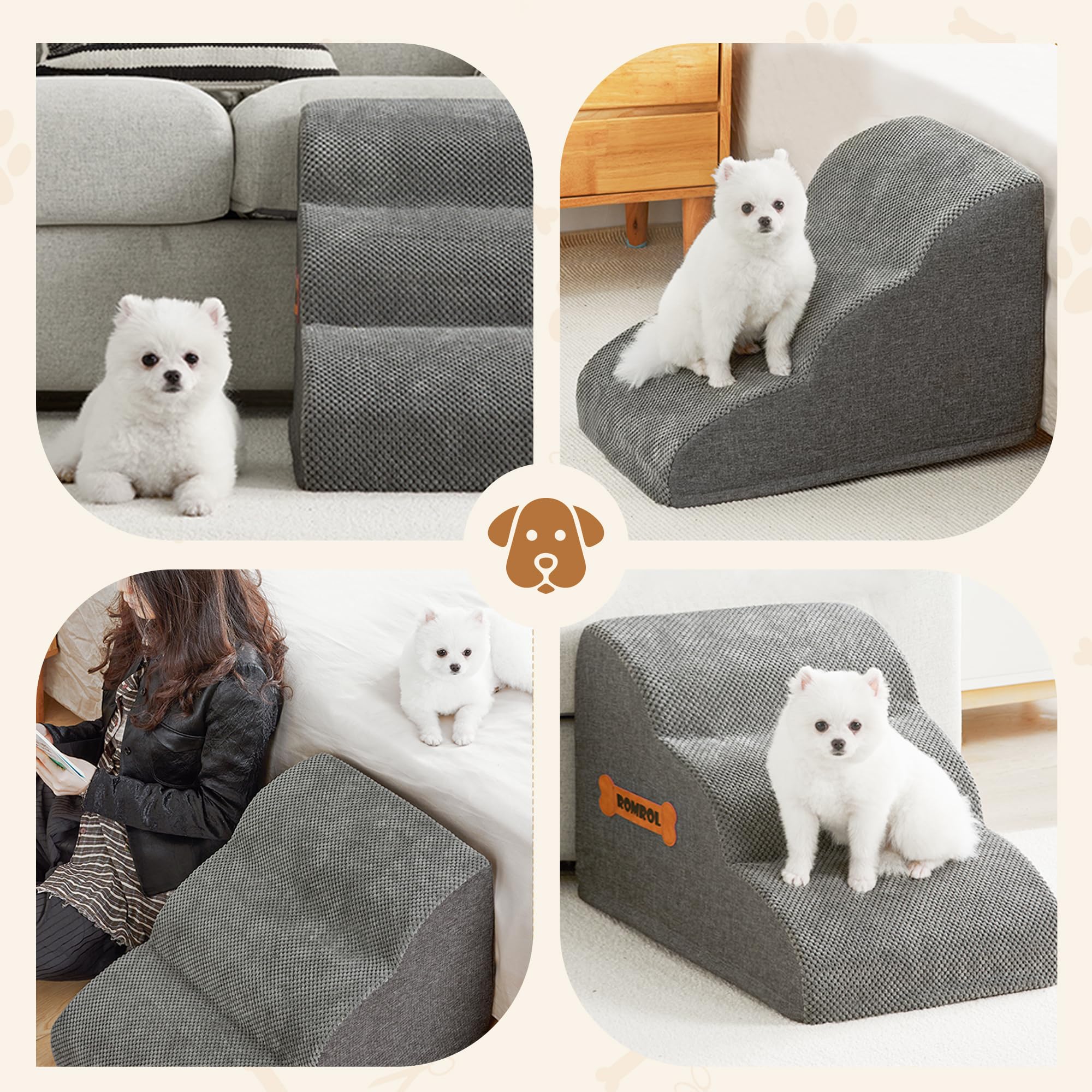ROMROL Hundetreppe 3 Stufen – rutschfeste Haustiertreppe für kleine Hunde & Katzen – Waschbarer Bezug, Hochdichter Memory-Schaum – Weiche Einstiegshilfe für Sofa & Bett – Gelenkschonend, Grau