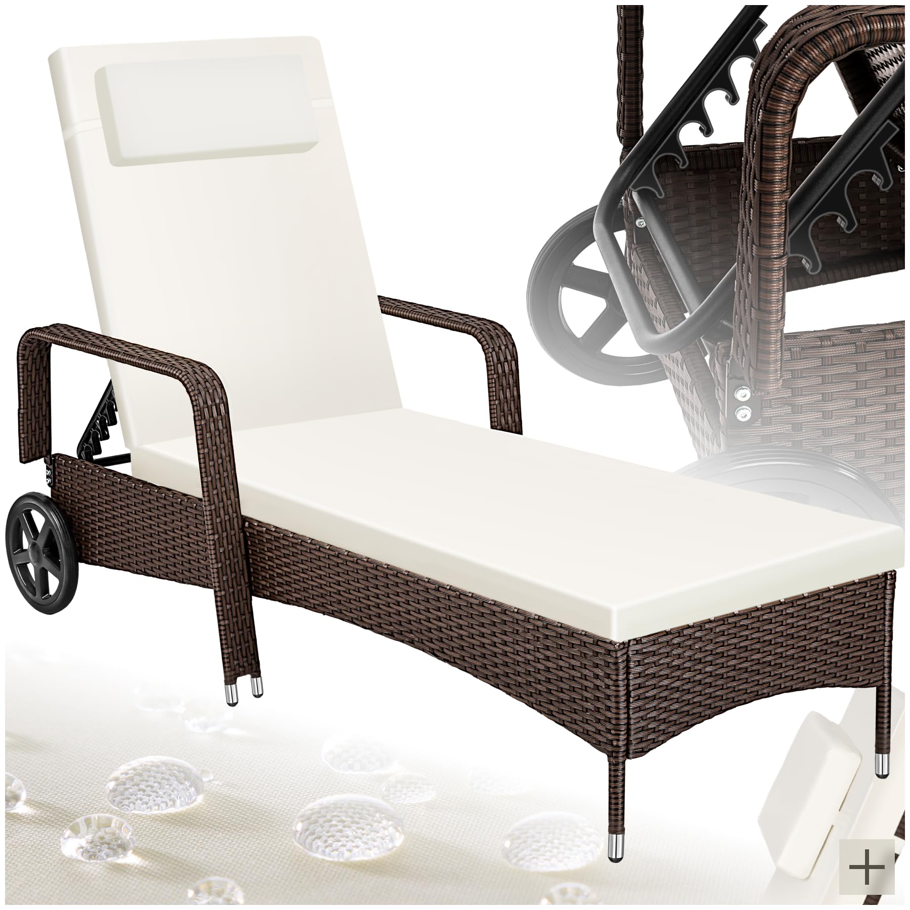 TecTake®, Tumbona Chaise Longue, Ajustable de Poliratán con Ruedas, Mueble Exterior Sofa Acolchado para Jardín y Terraza, 6 Posiciones, Fácil de Limpiar, Moderno, Hamaca de Jardín - Marrón/Blanco