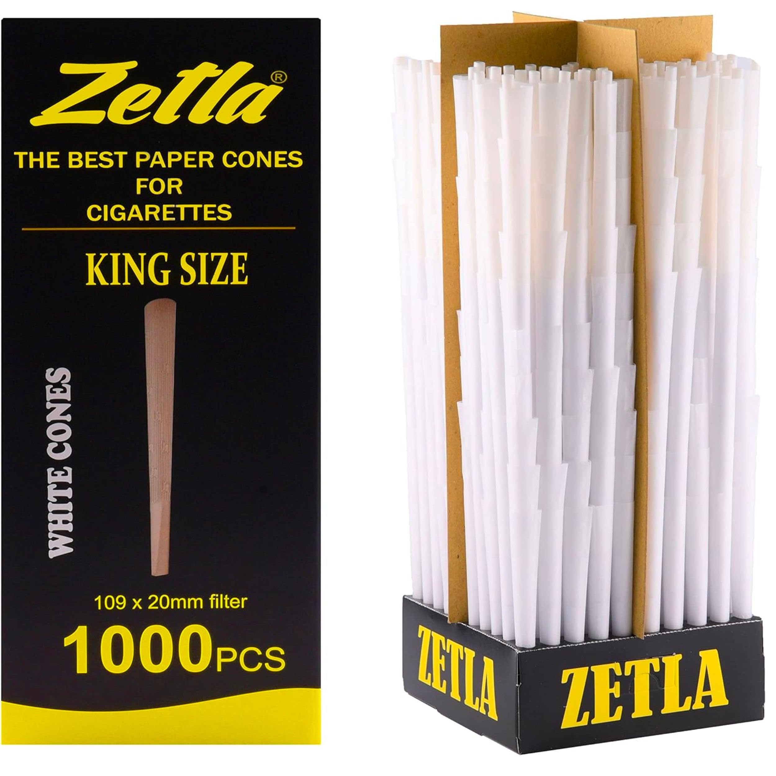 Zetla 1000 bibułek King Size - wstępnie skręcone papiery do jointów - stożkowe papiery z filtrem (109 x 21 mm) - bibułki do jointów King Size - wstępnie skręcone papiery