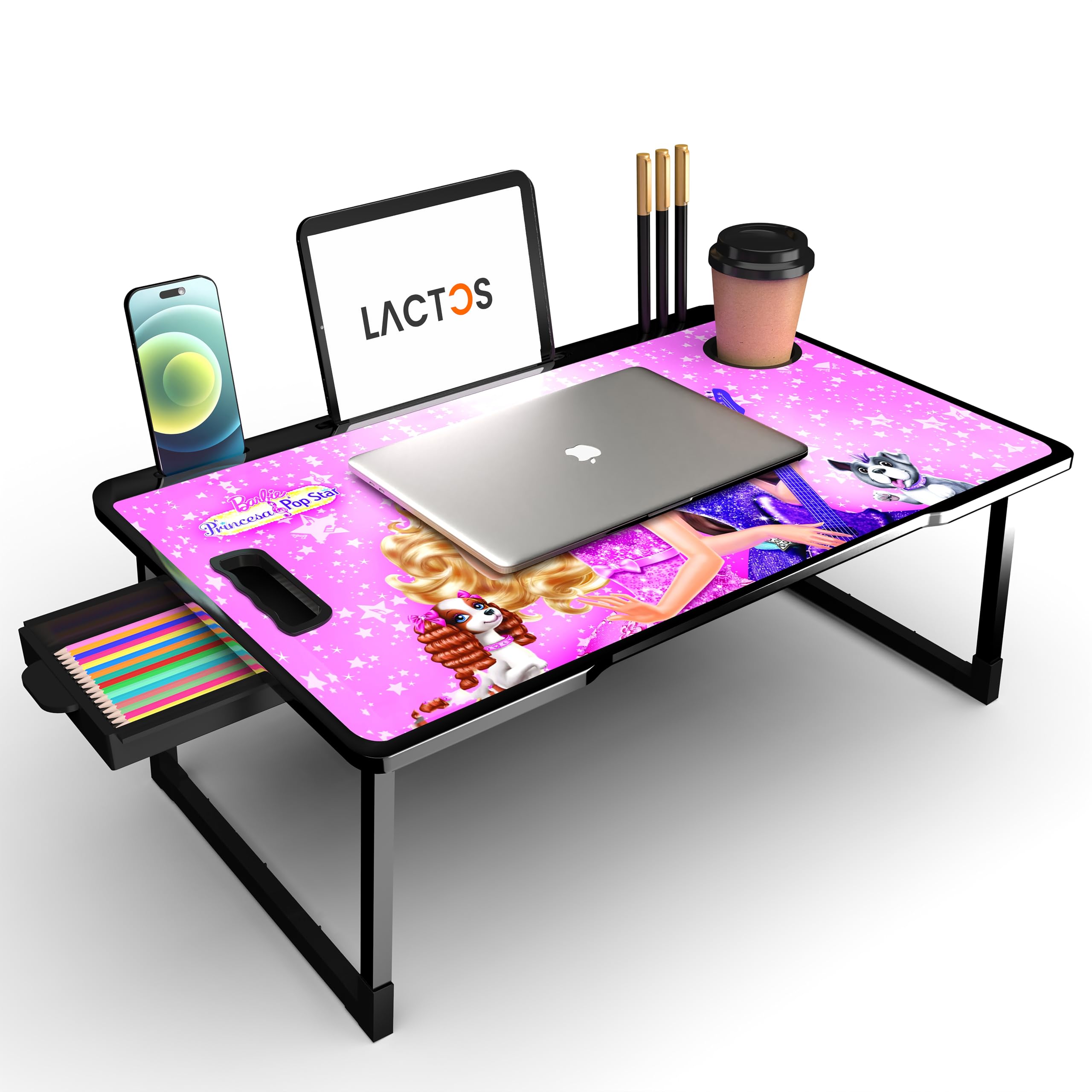 LACTOS Foldable Wooden Mini Laptop Table for Bed, Study Table with Drawer, Tablet/Mobile Holder for Kids & Adults->> (COTTED BARBIE) (B0DHPJX5K6) Amazon Price History, Amazon Price Tracker