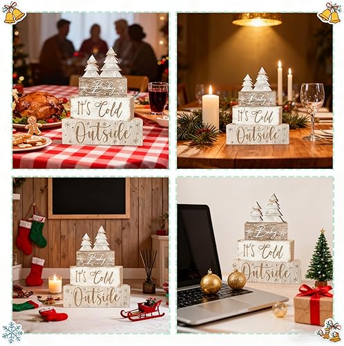 Miniatura 6 de 4 piezas de decoraciones de Navidad para interior - Decoración de mesa de árbol de Navidad para el hogar - Centro de mesa de madera para la mesa -